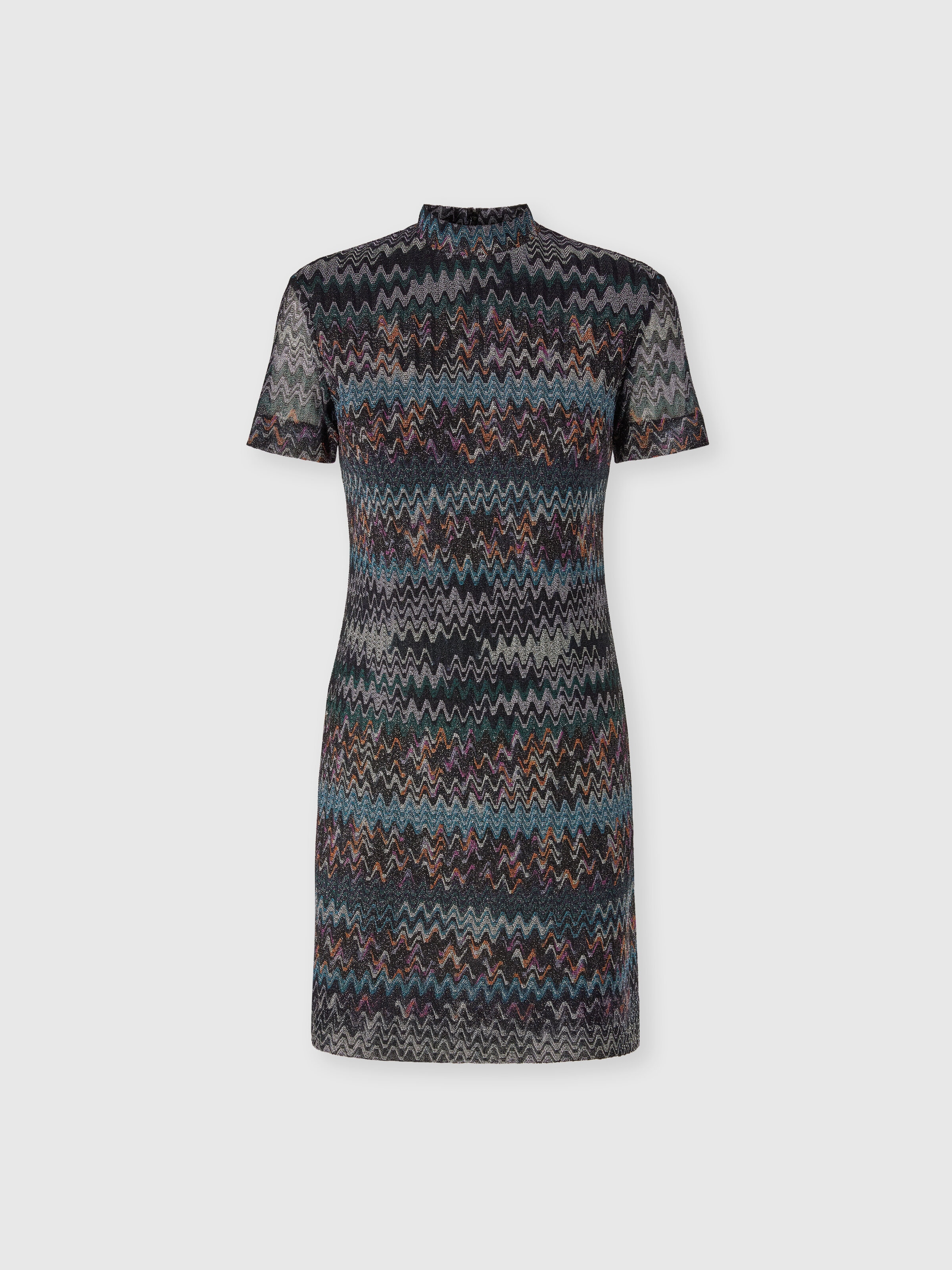 High-neck mini dress in lamé viscose, Blue - 0
