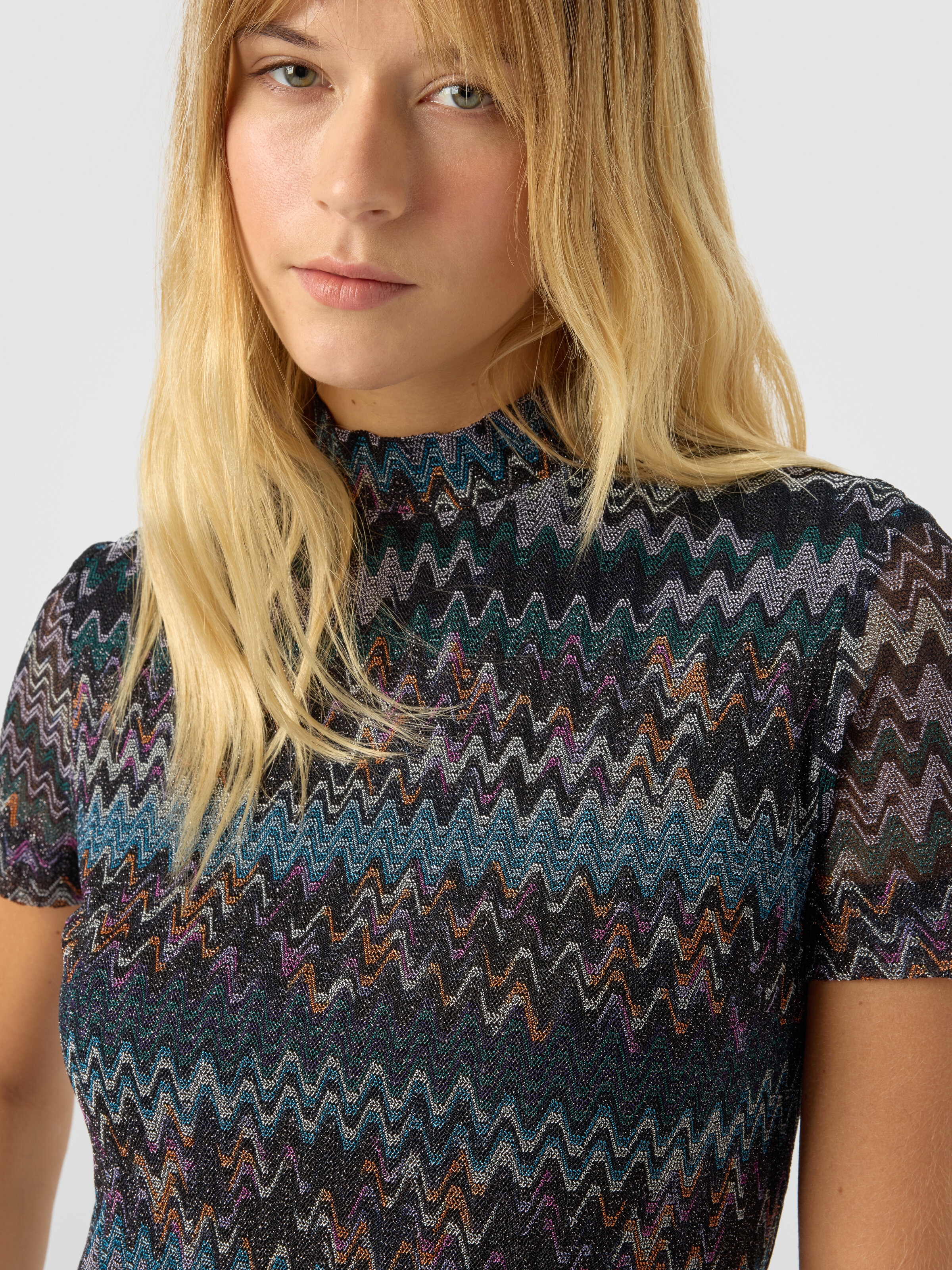 High-neck mini dress in lamé viscose, Blue - 4