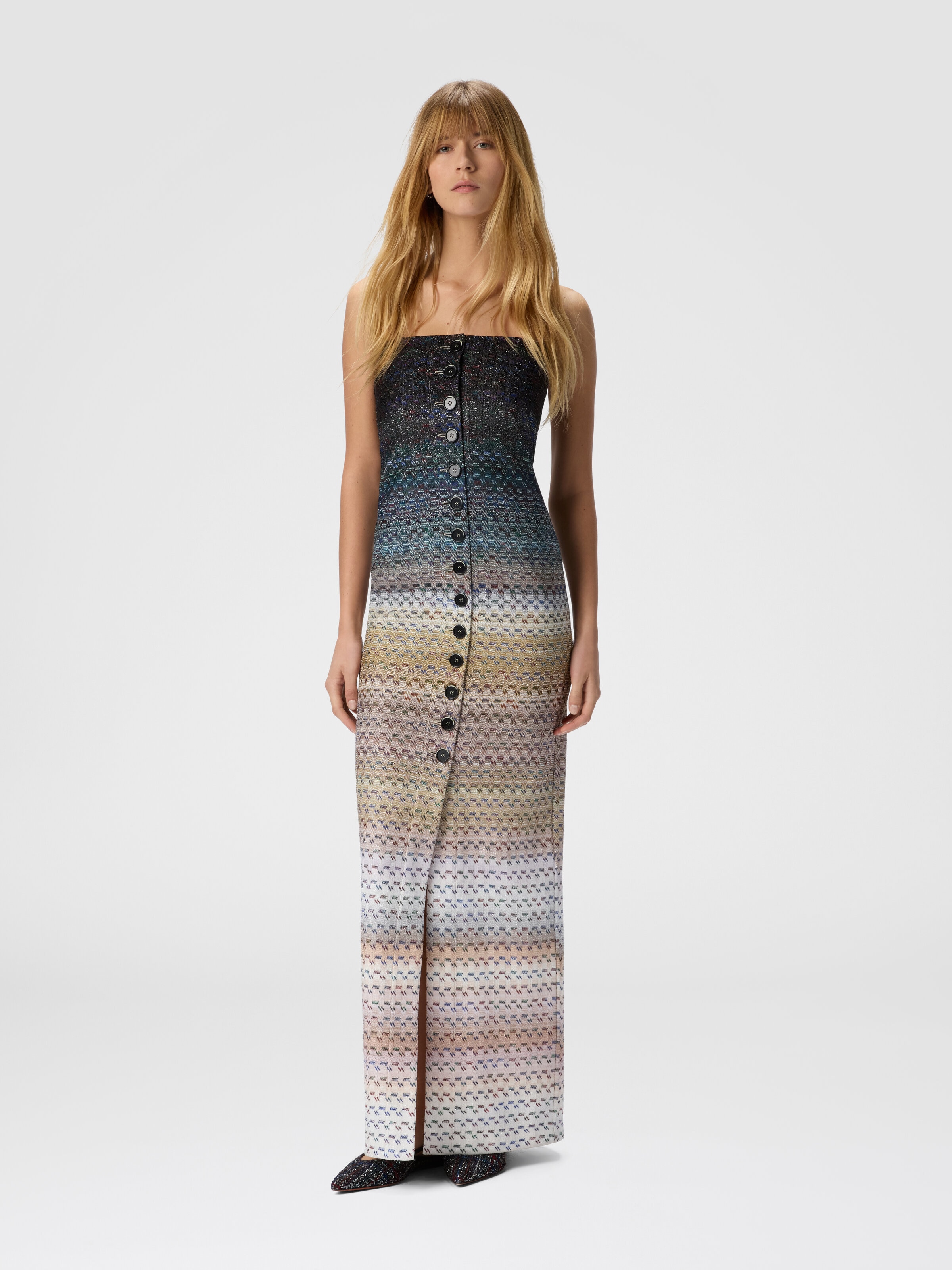 Vestido largo strapless en viscosa con hilos lamé, Blau - 1