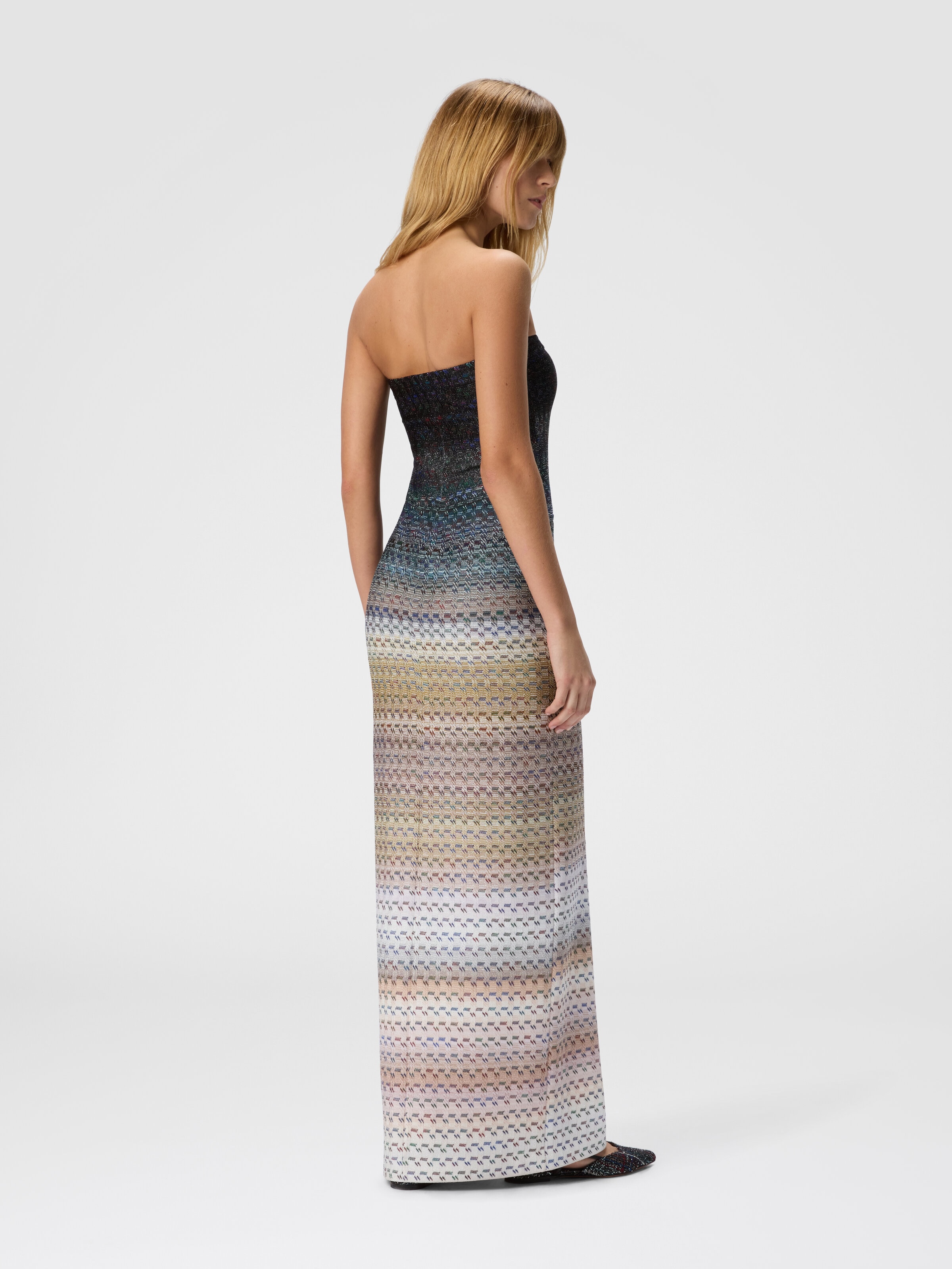 Vestido largo strapless en viscosa con hilos lamé, Blau - 2