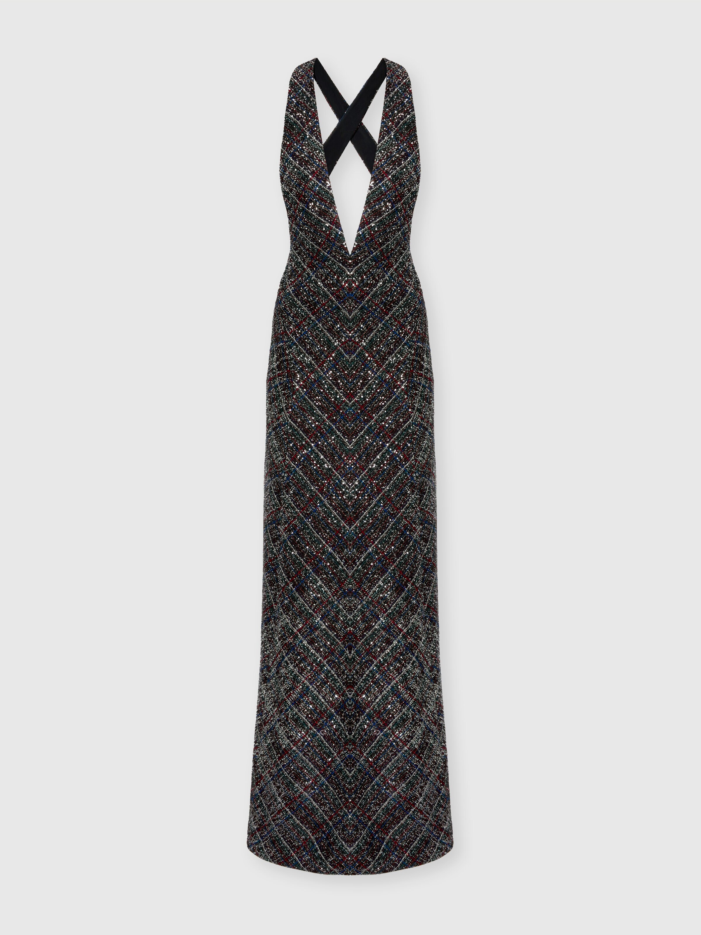 Long dress with v-neck and check pattern, Multicoloured  - 0