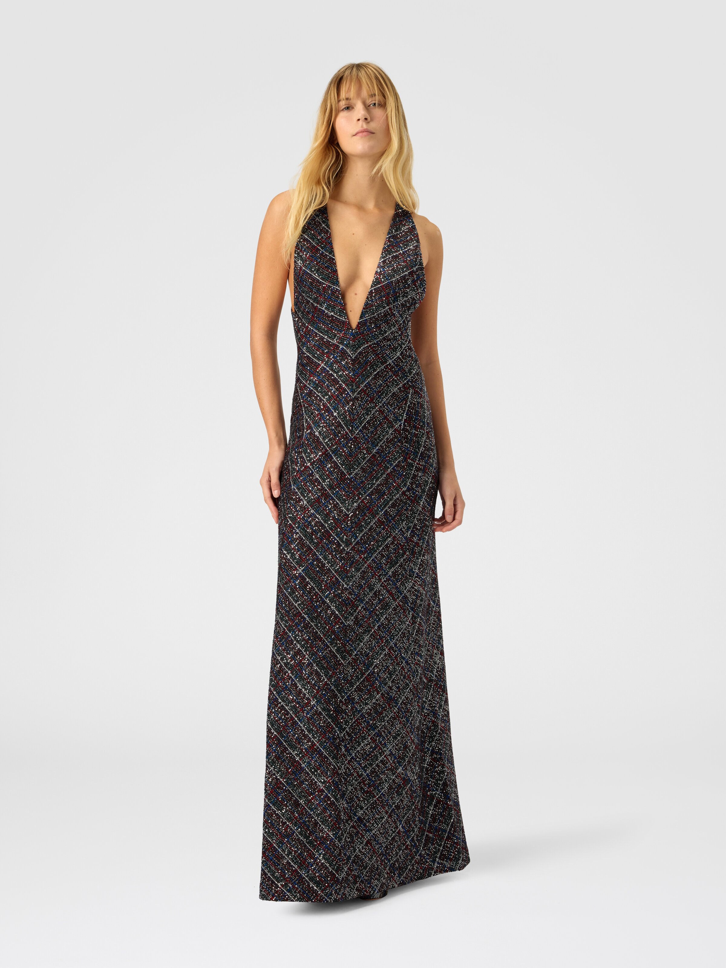 Long dress with v-neck and check pattern, Multicoloured  - 1