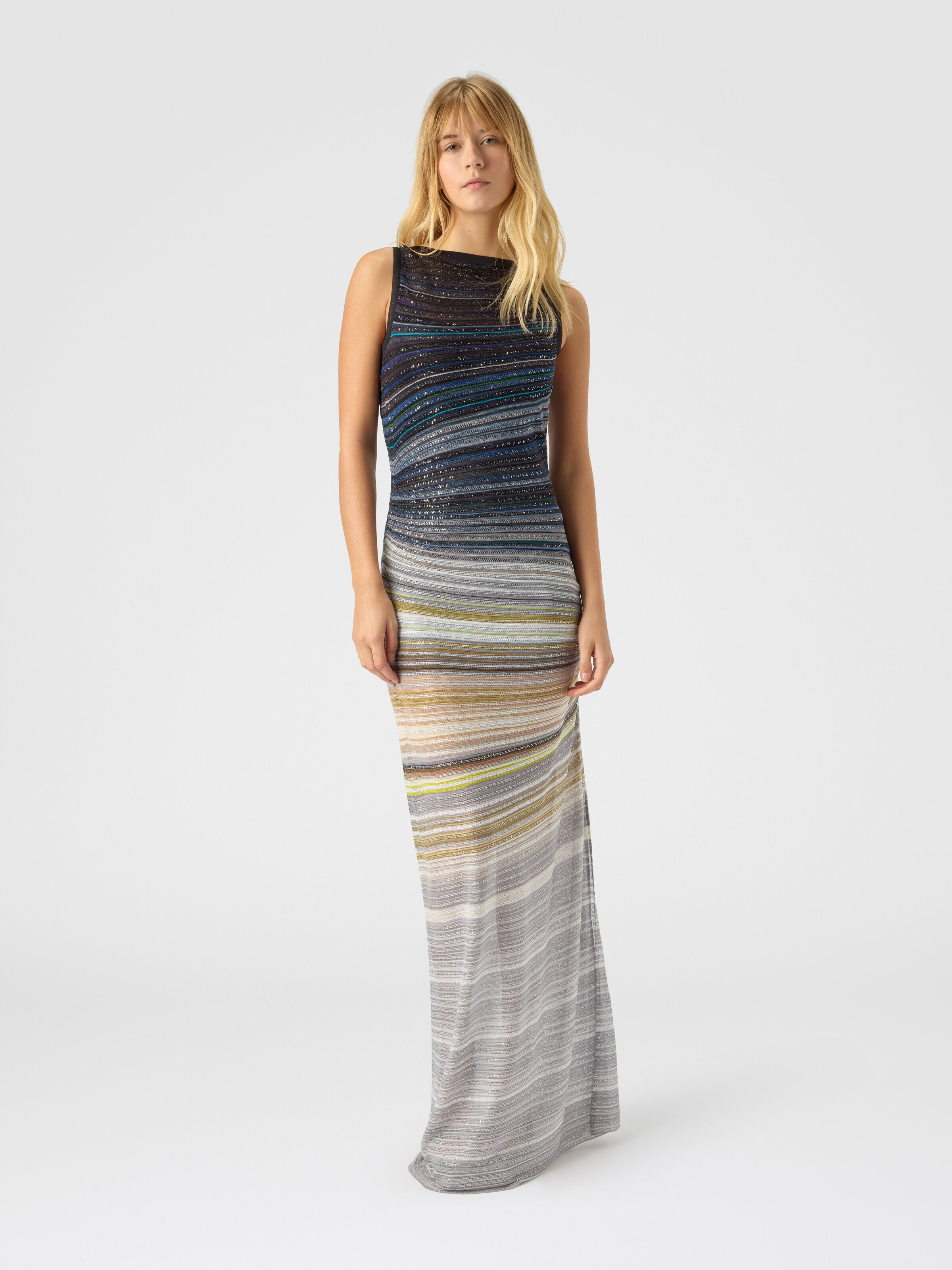 Long boat-neck dress in striped knit, Blue & Grey - 1
