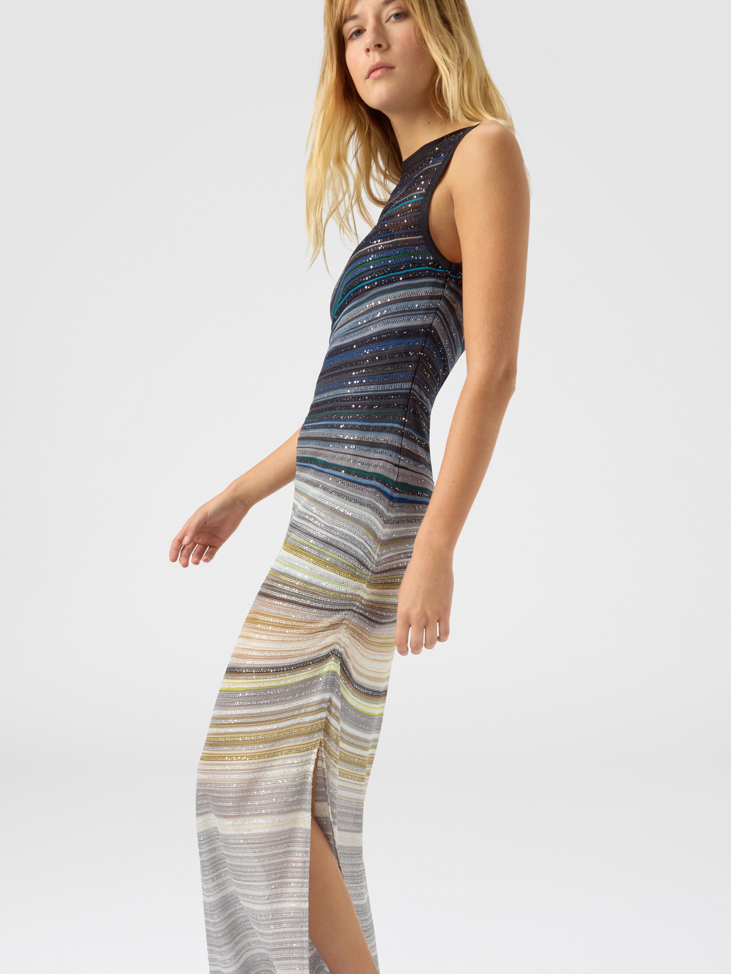 Long boat-neck dress in striped knit, Blue & Grey - 3