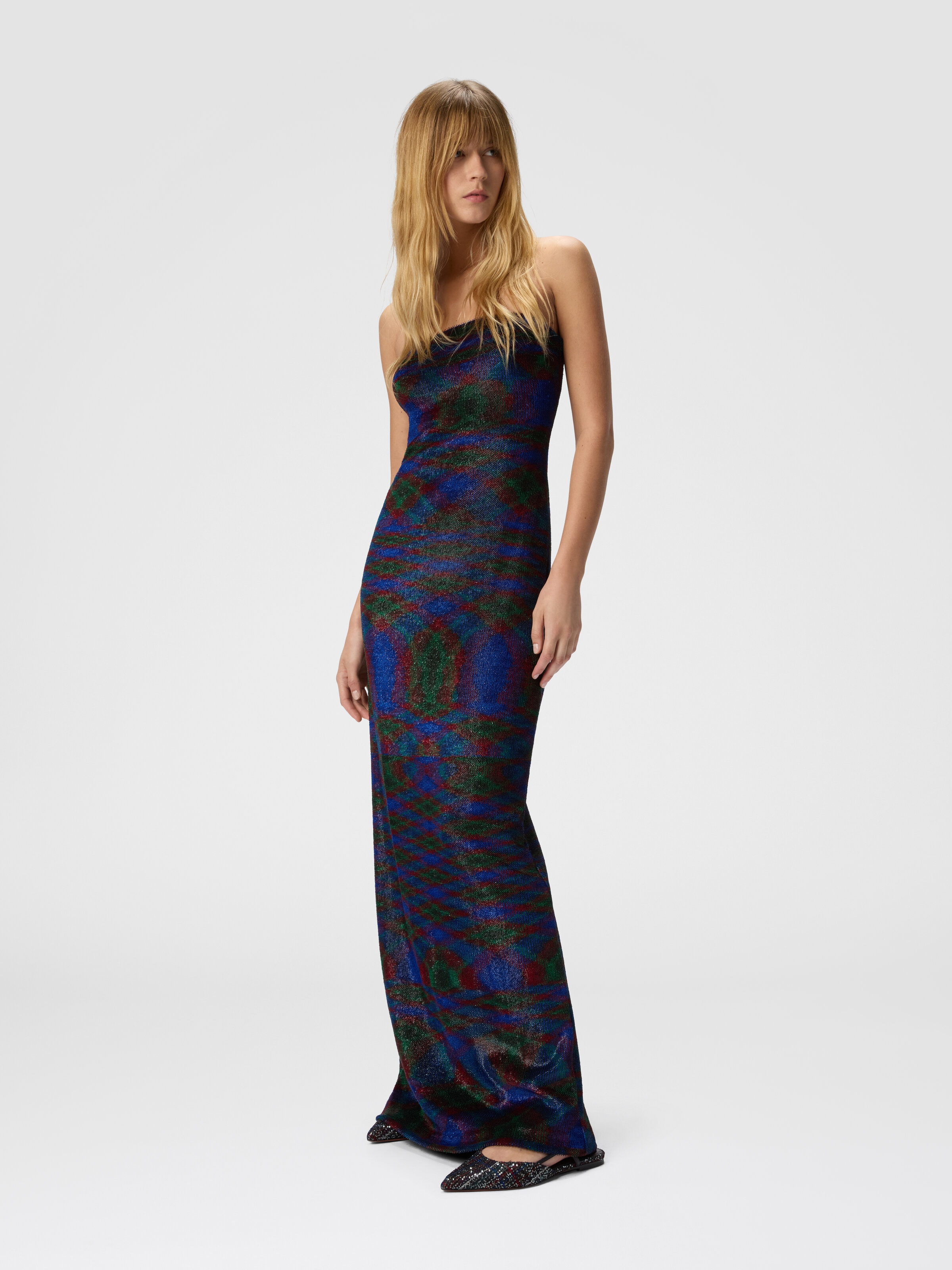Long strapless dress with flame pattern, Green & Purple  - 1