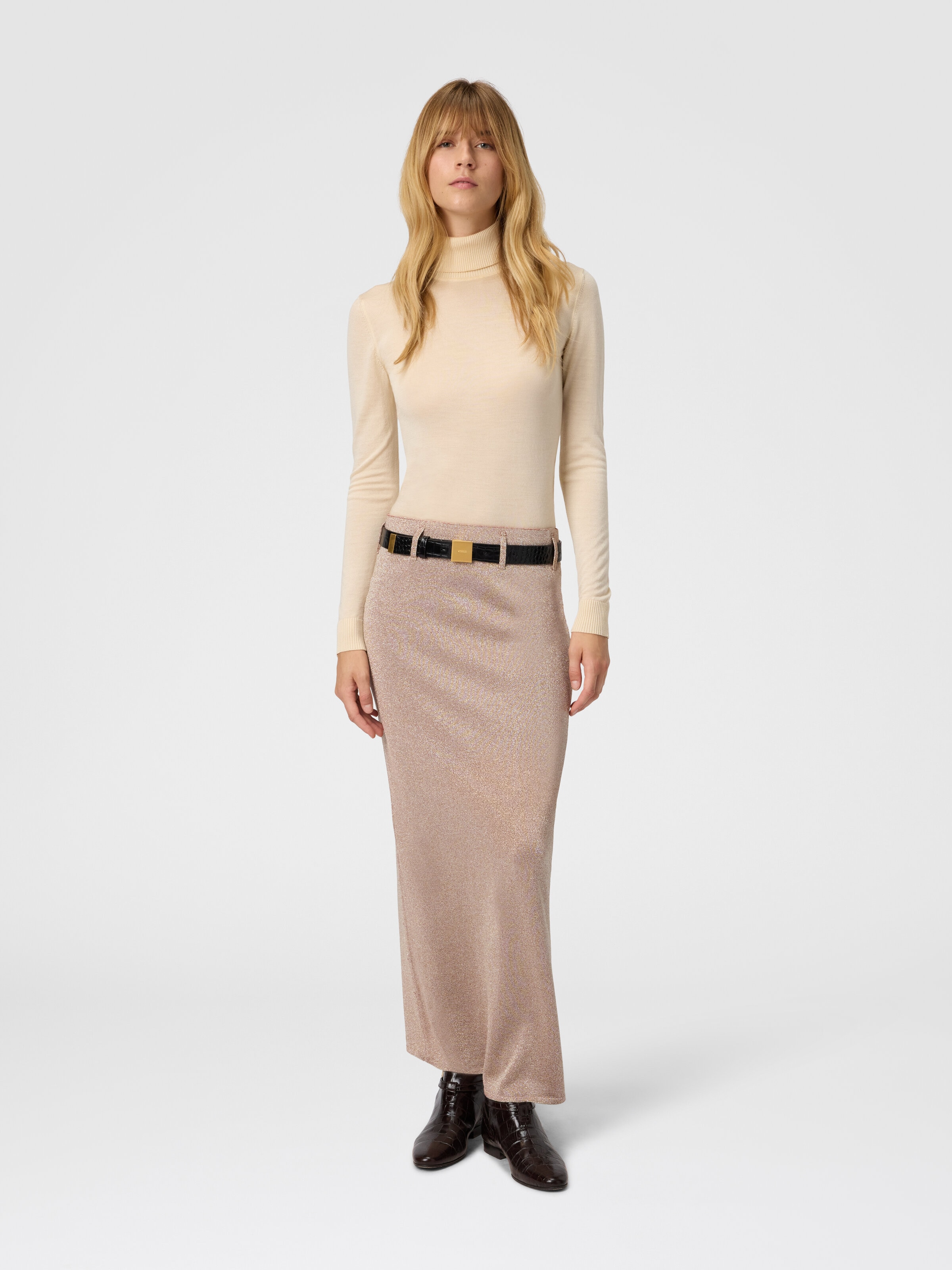 Long Skirt with Slit, Pink Lamé - 1