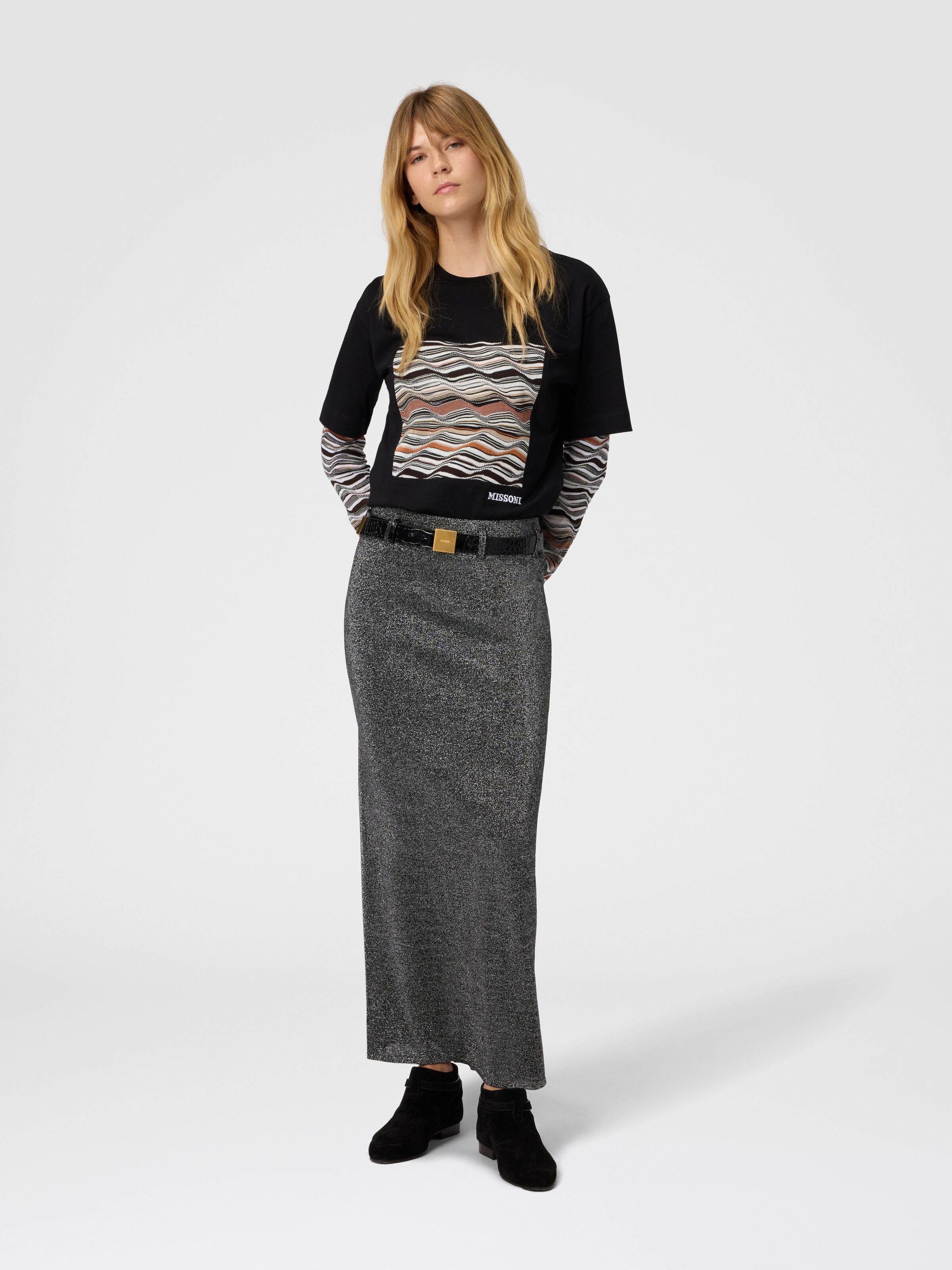 Long Skirt with Slit, Silver - 1