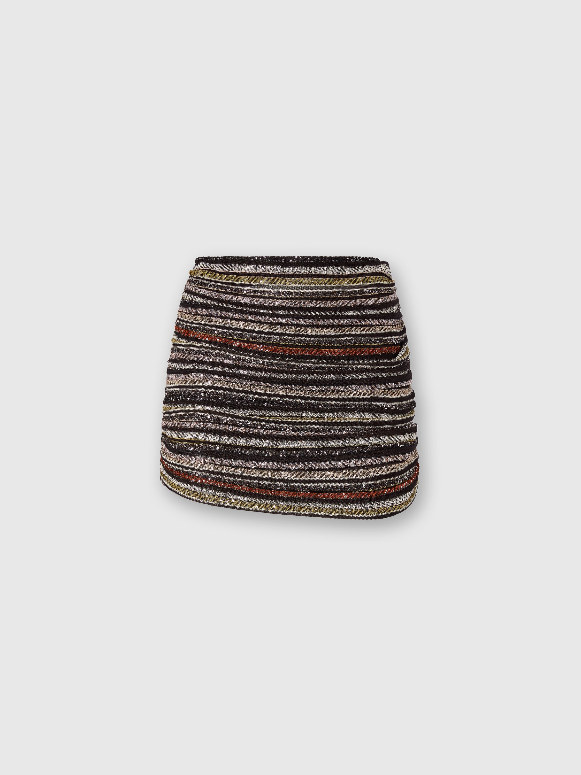 Asymmetrical Mini Skirt in Herringbone Stripe Knit, Multicoloured  - 0