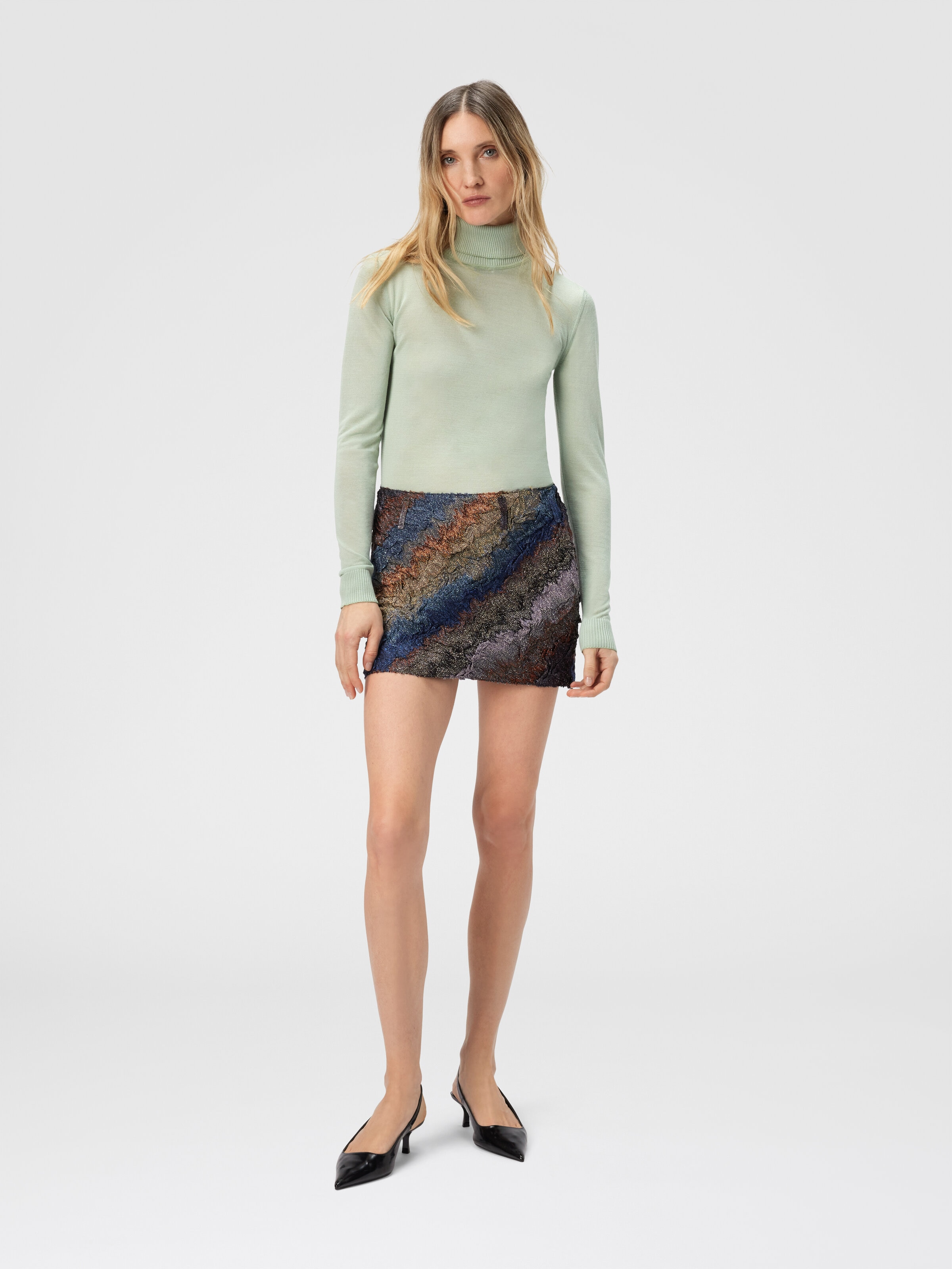 Pleated Mini Skirt with Snake Pattern, Blue - 1
