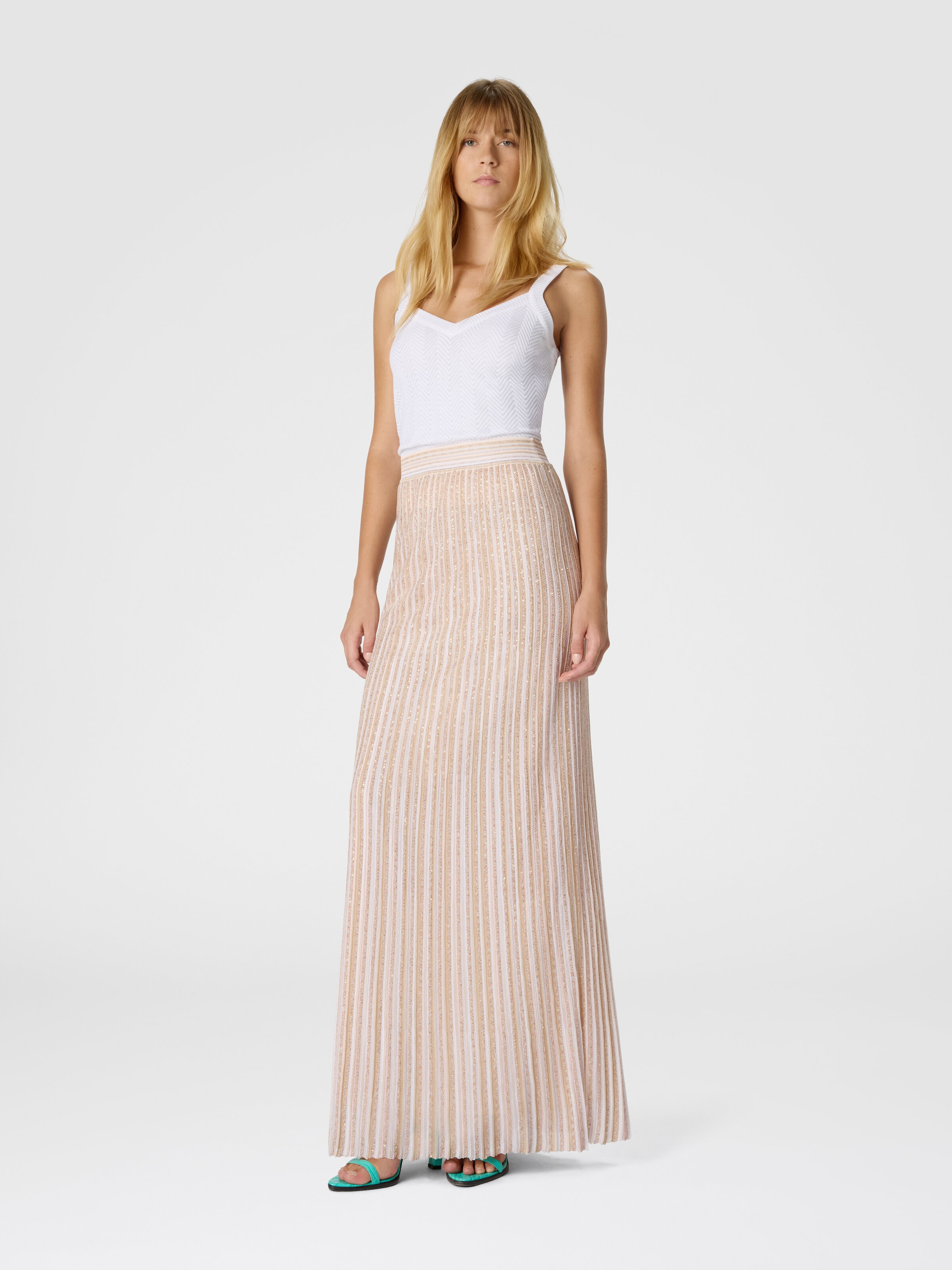 Long Skirt with Lamé Stripes, White  - 1