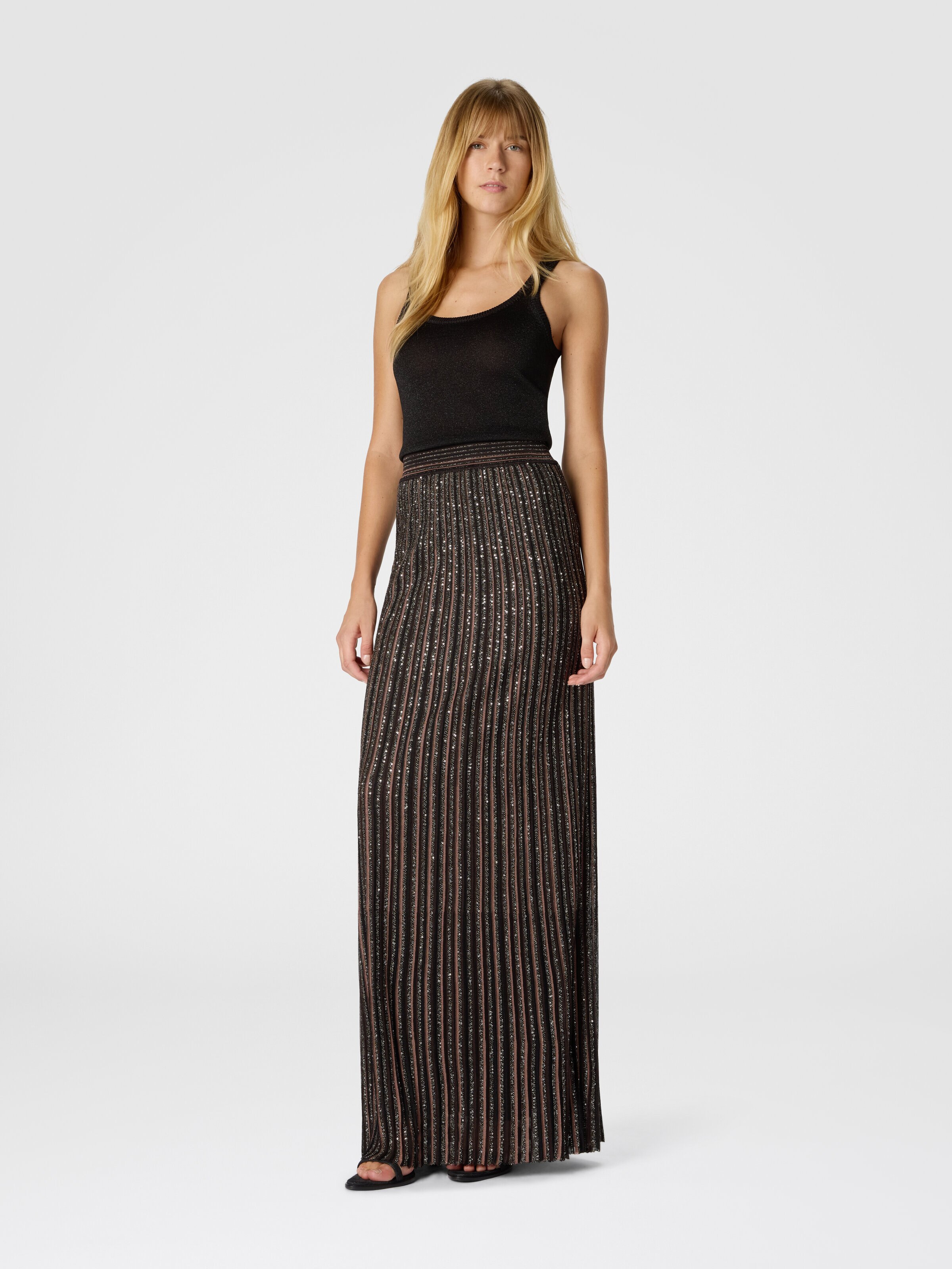 Long Skirt with Lamé Stripes, Black & Brown - 1