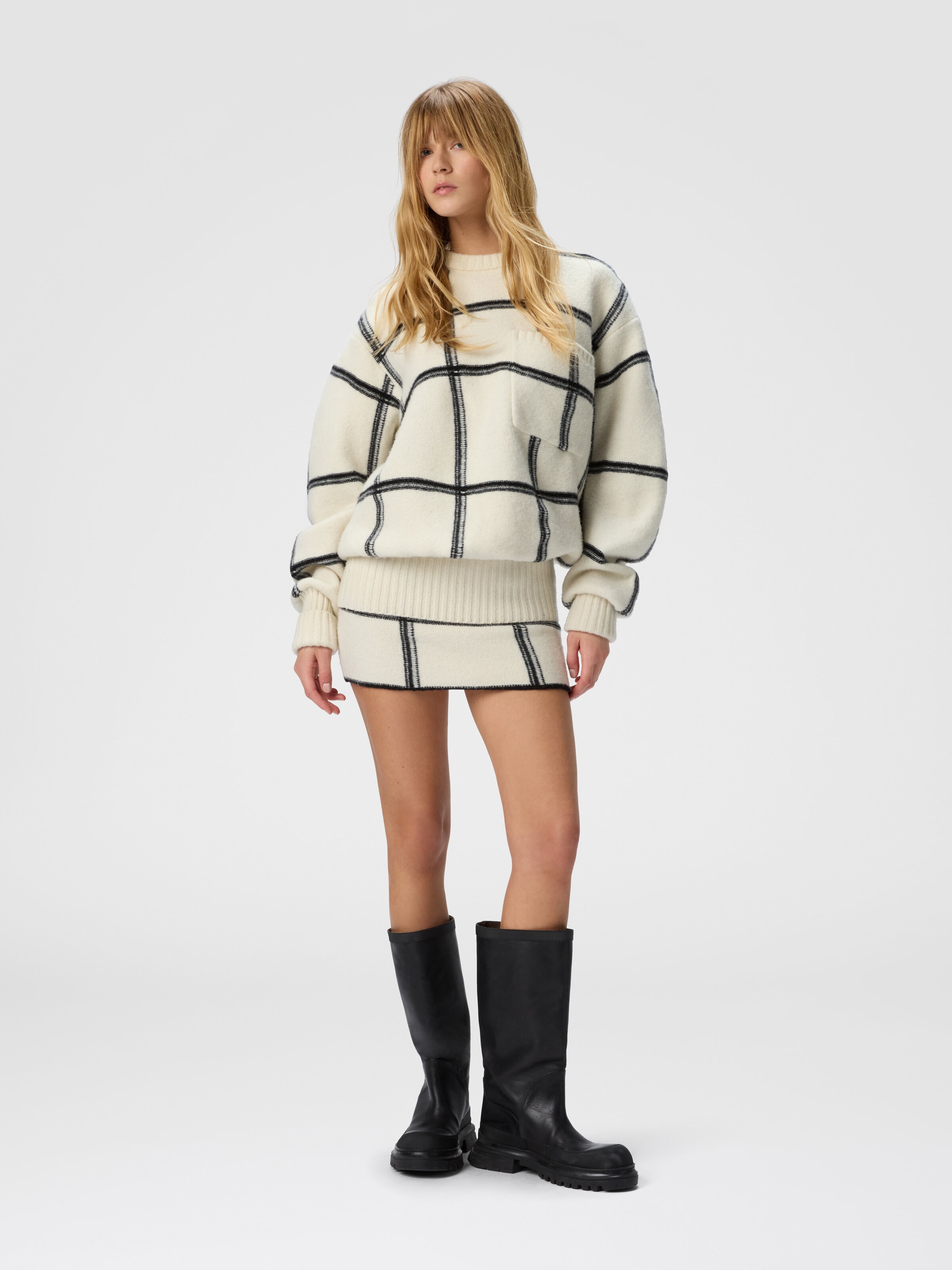 Minigonna in maglia jacquard a quadri, Bianco  - 1
