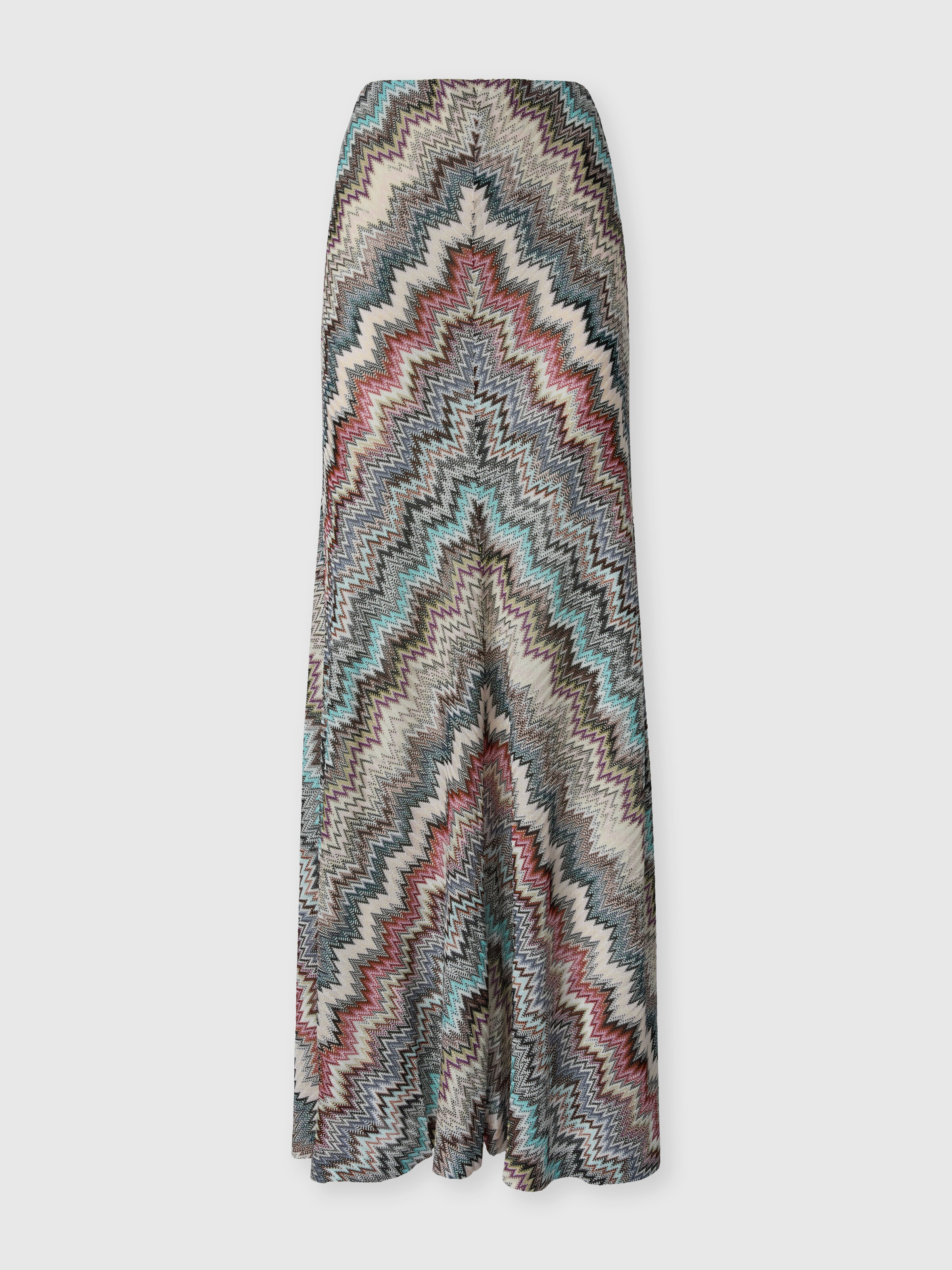 Flared Long Skirt in Viscose with Zigzag Pattern, Multicoloured  - 0