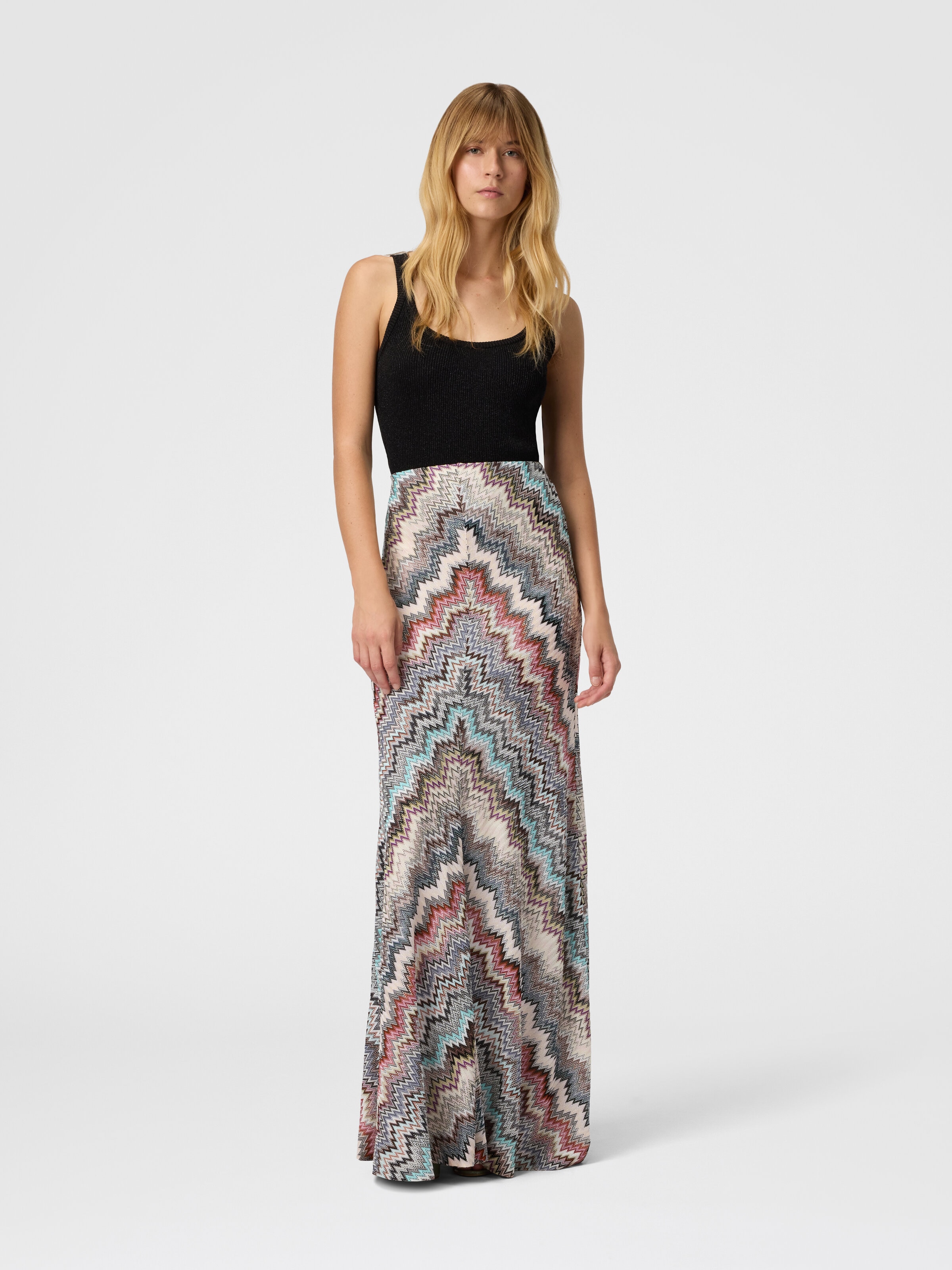 Flared Long Skirt in Viscose with Zigzag Pattern, Multicoloured  - 1