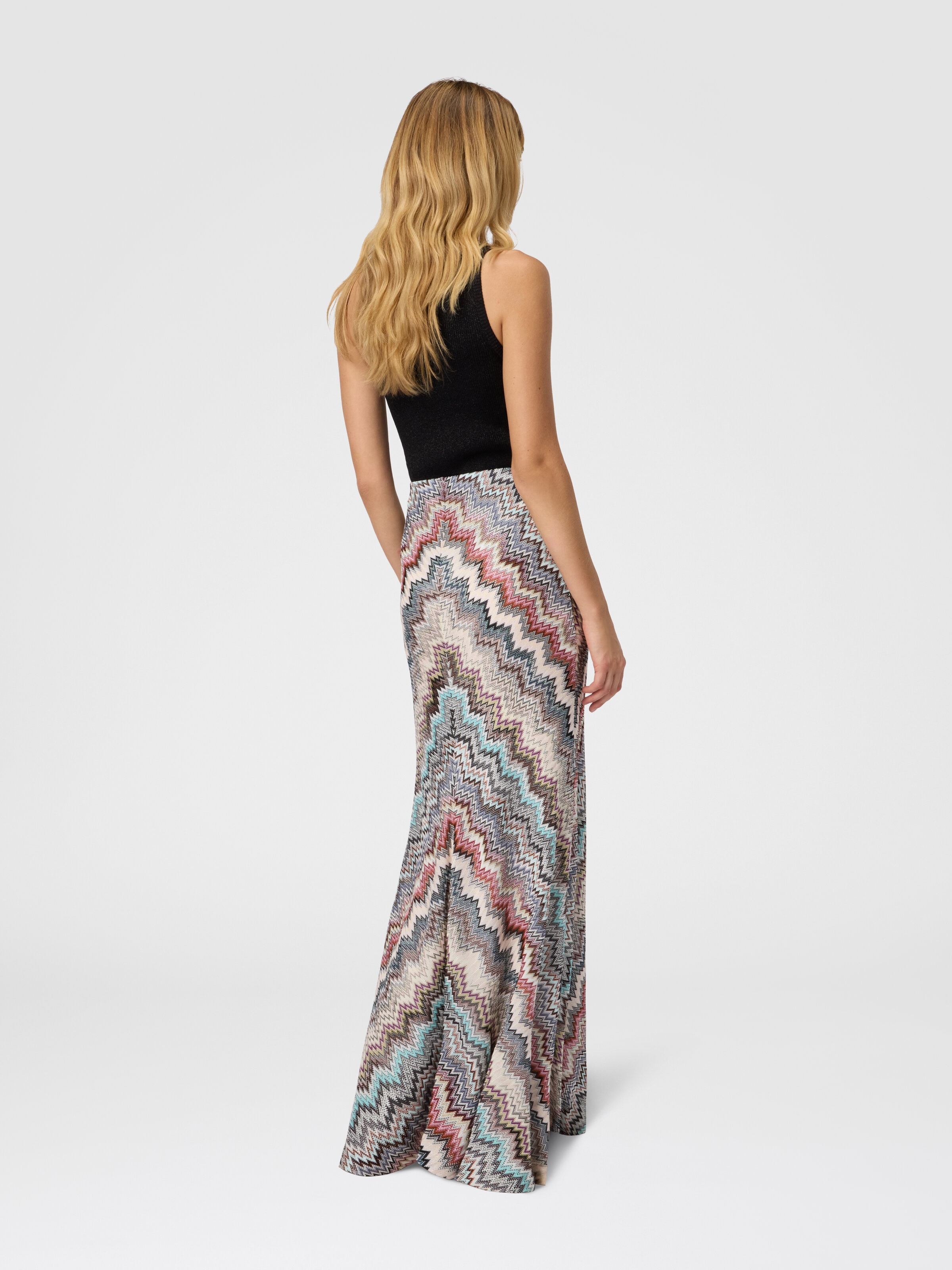Flared Long Skirt in Viscose with Zigzag Pattern, Multicoloured  - 2