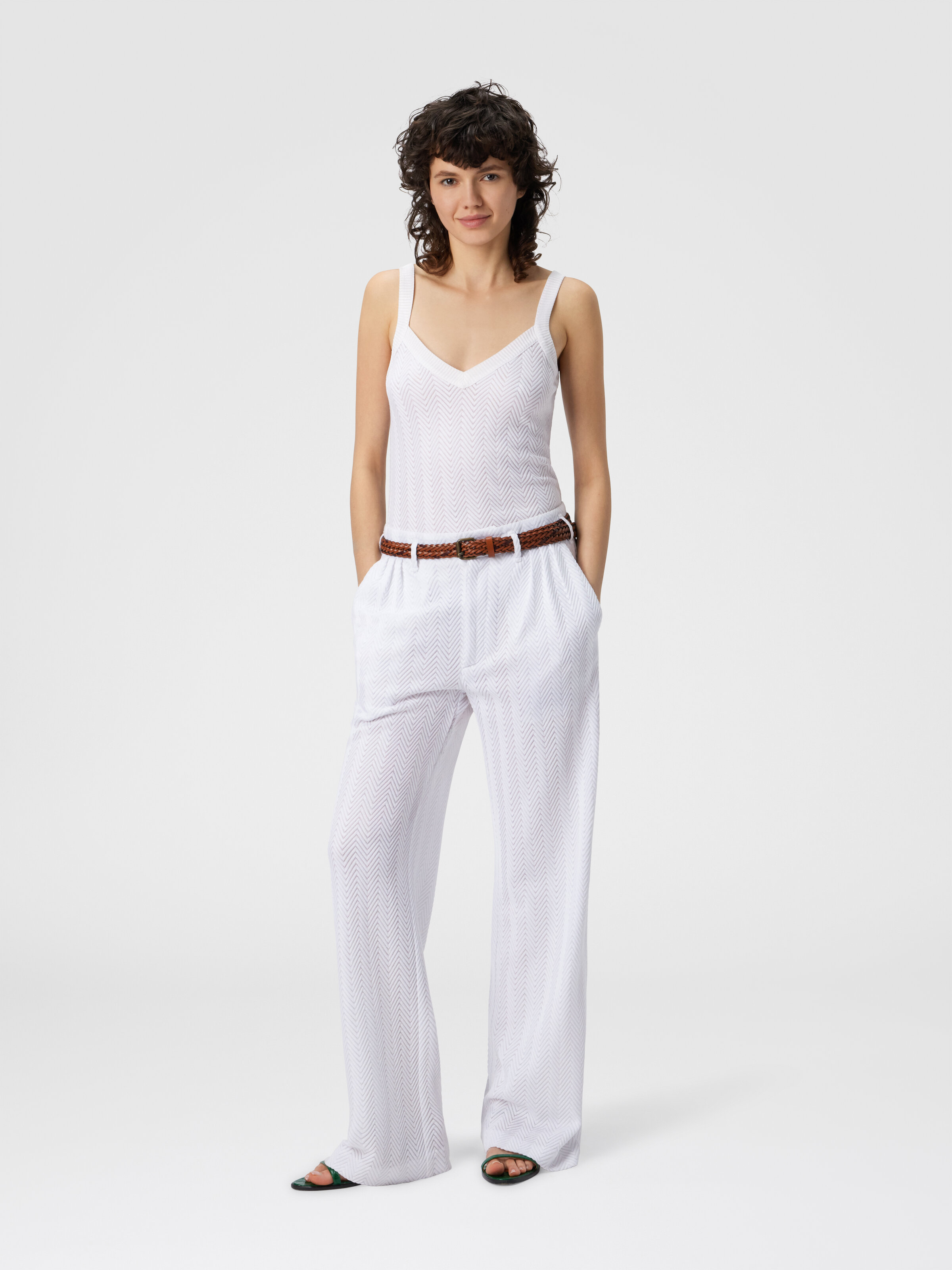 Tailored Pants with Zigzag Pattern, White  - 1