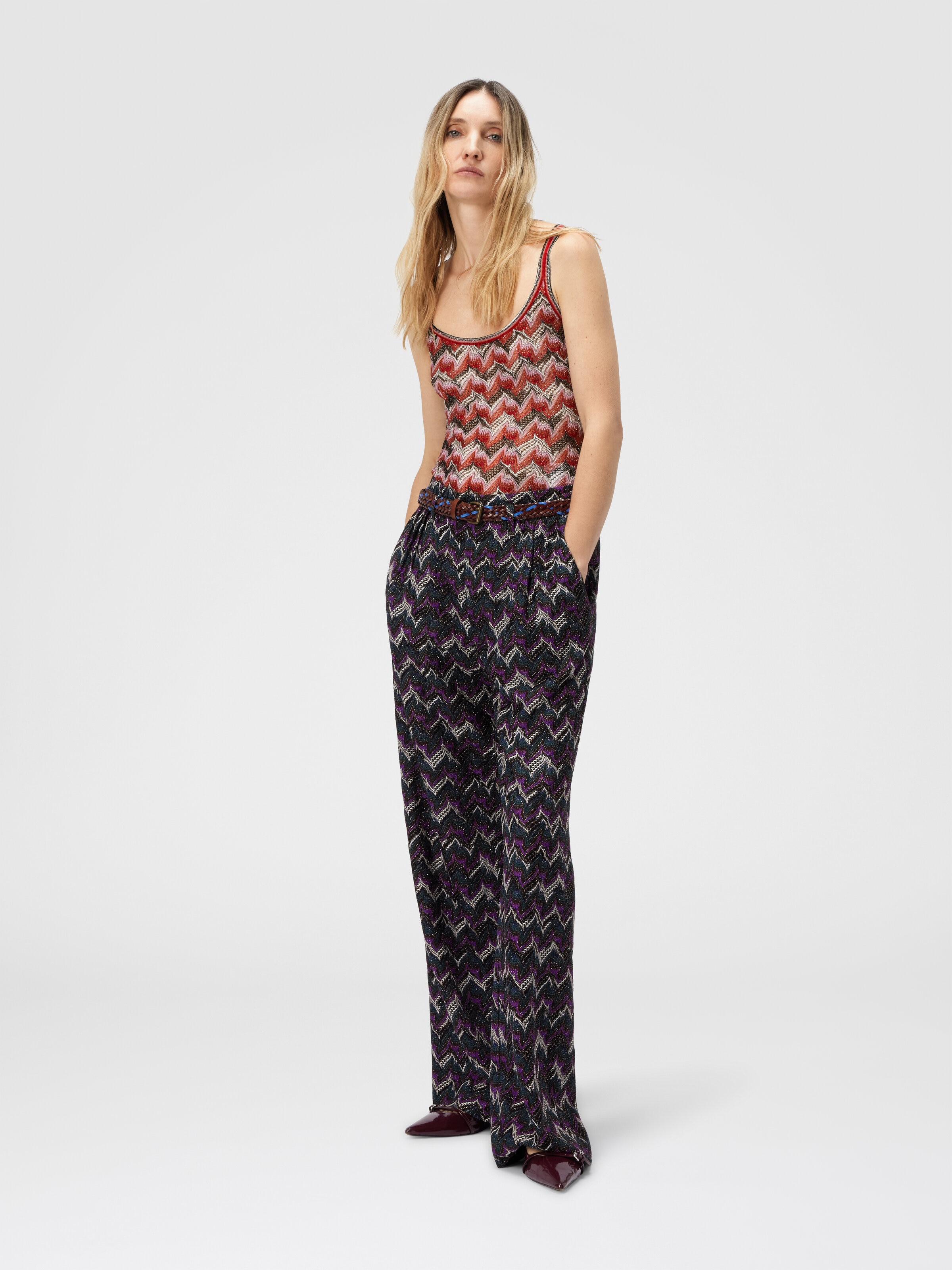 Pantalón sastrero de encaje con cinturón, Negro& Morado  - 1