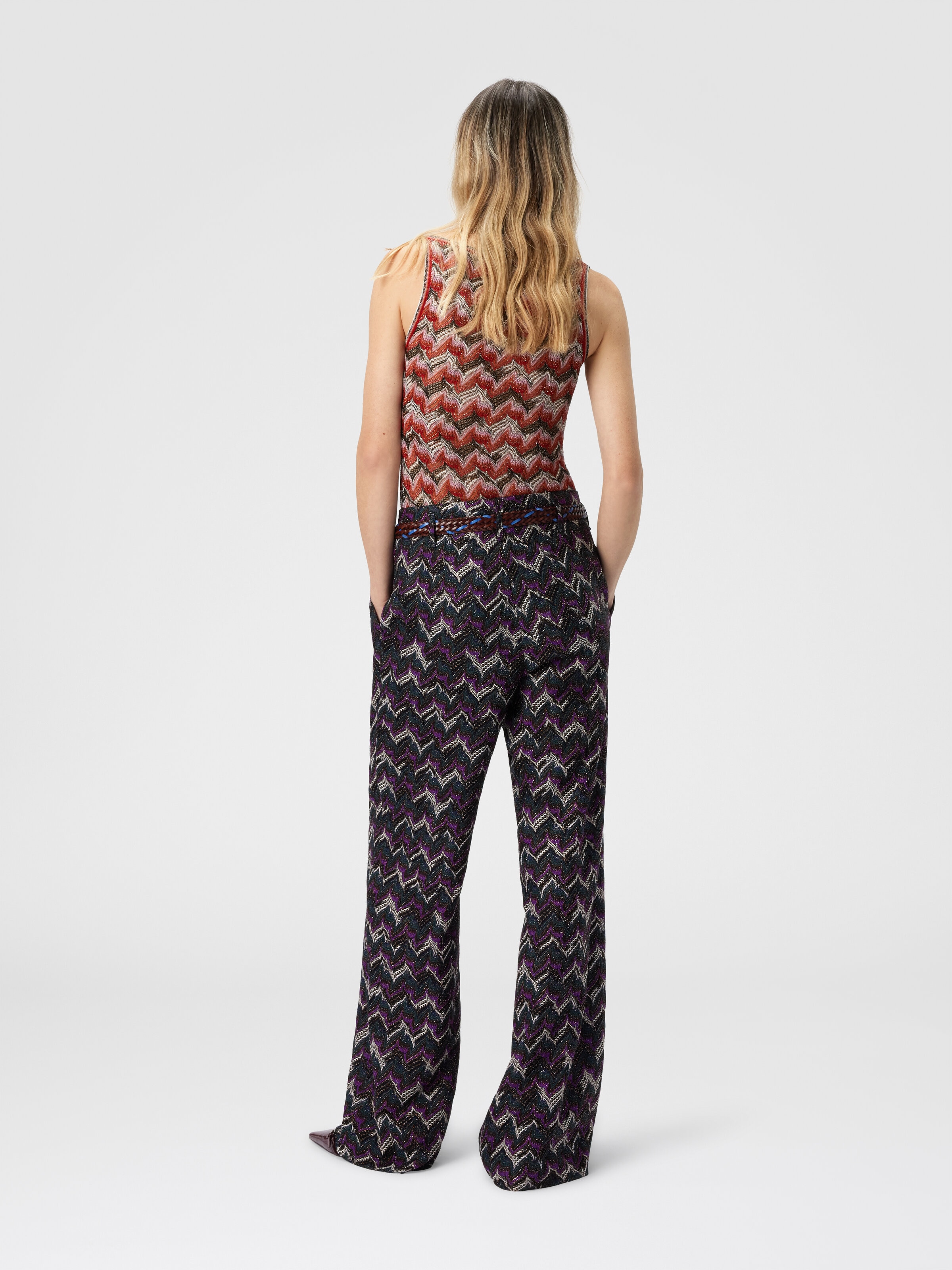 Pantalón sastrero de encaje con cinturón, Negro& Morado  - 2