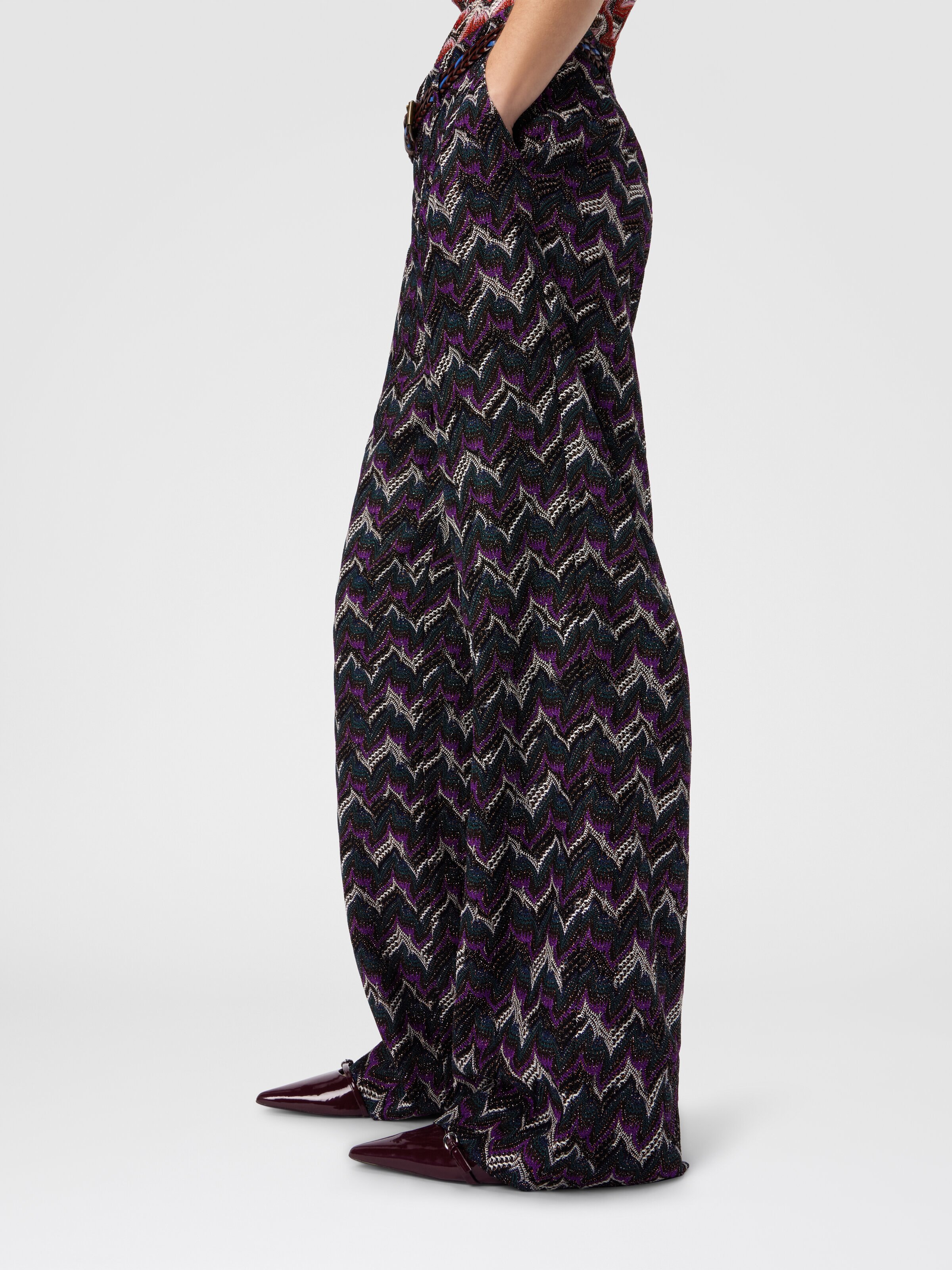 Pantalón sastrero de encaje con cinturón, Negro& Morado  - 3