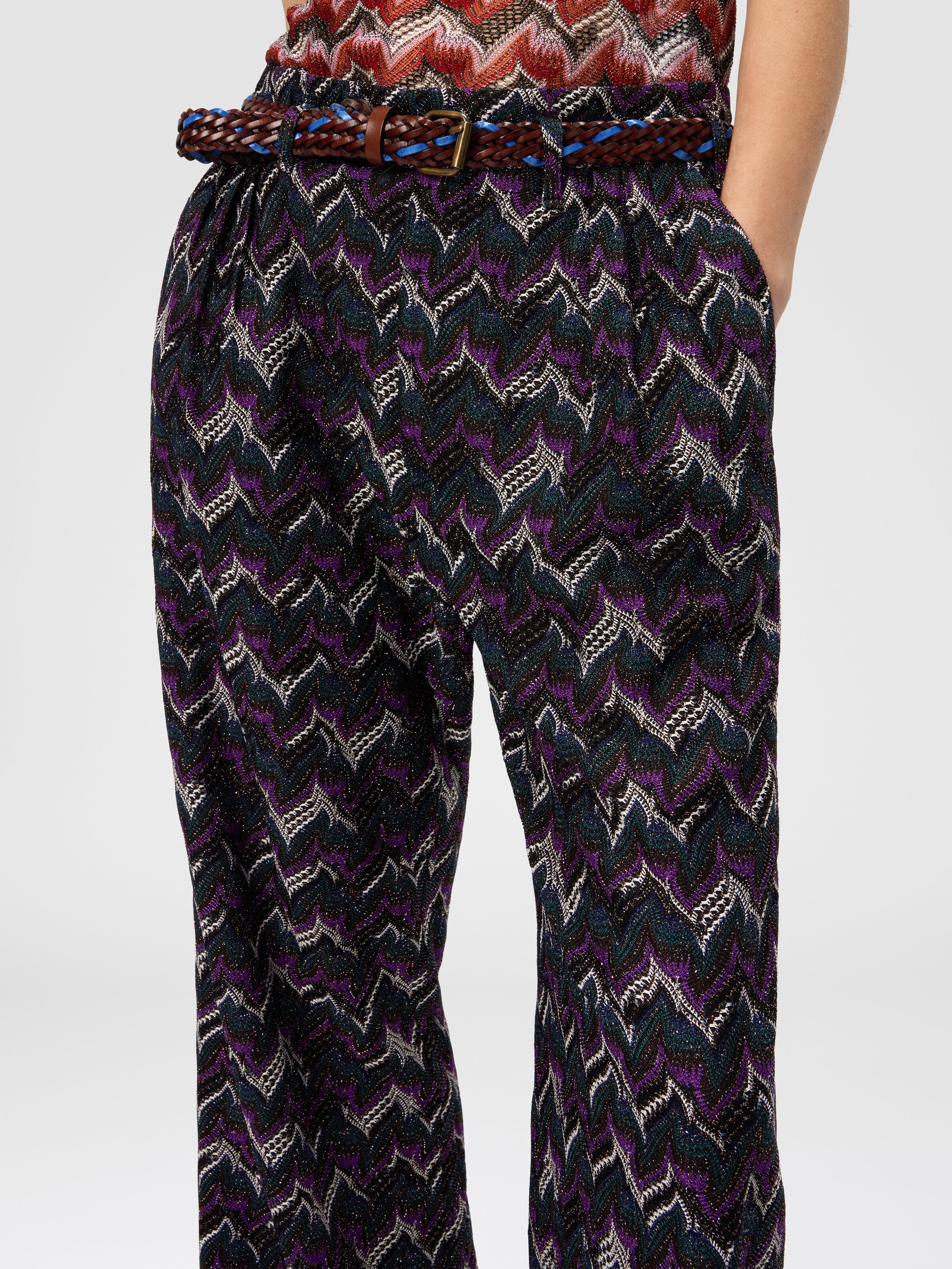 Pantalón sastrero de encaje con cinturón, Negro& Morado  - 4