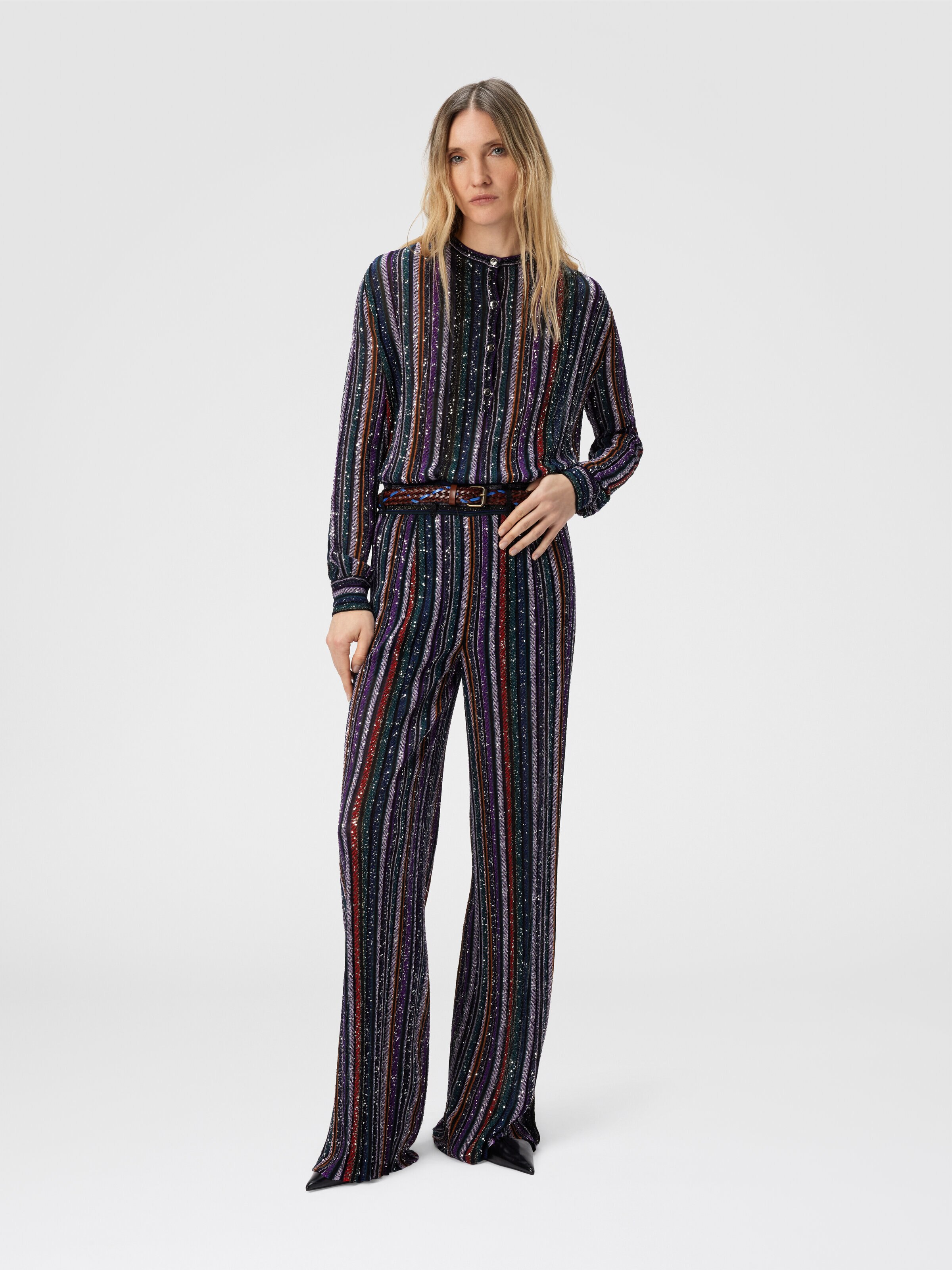 Pantalone lungo in maglia a righe spigata, Multicolore  - 1