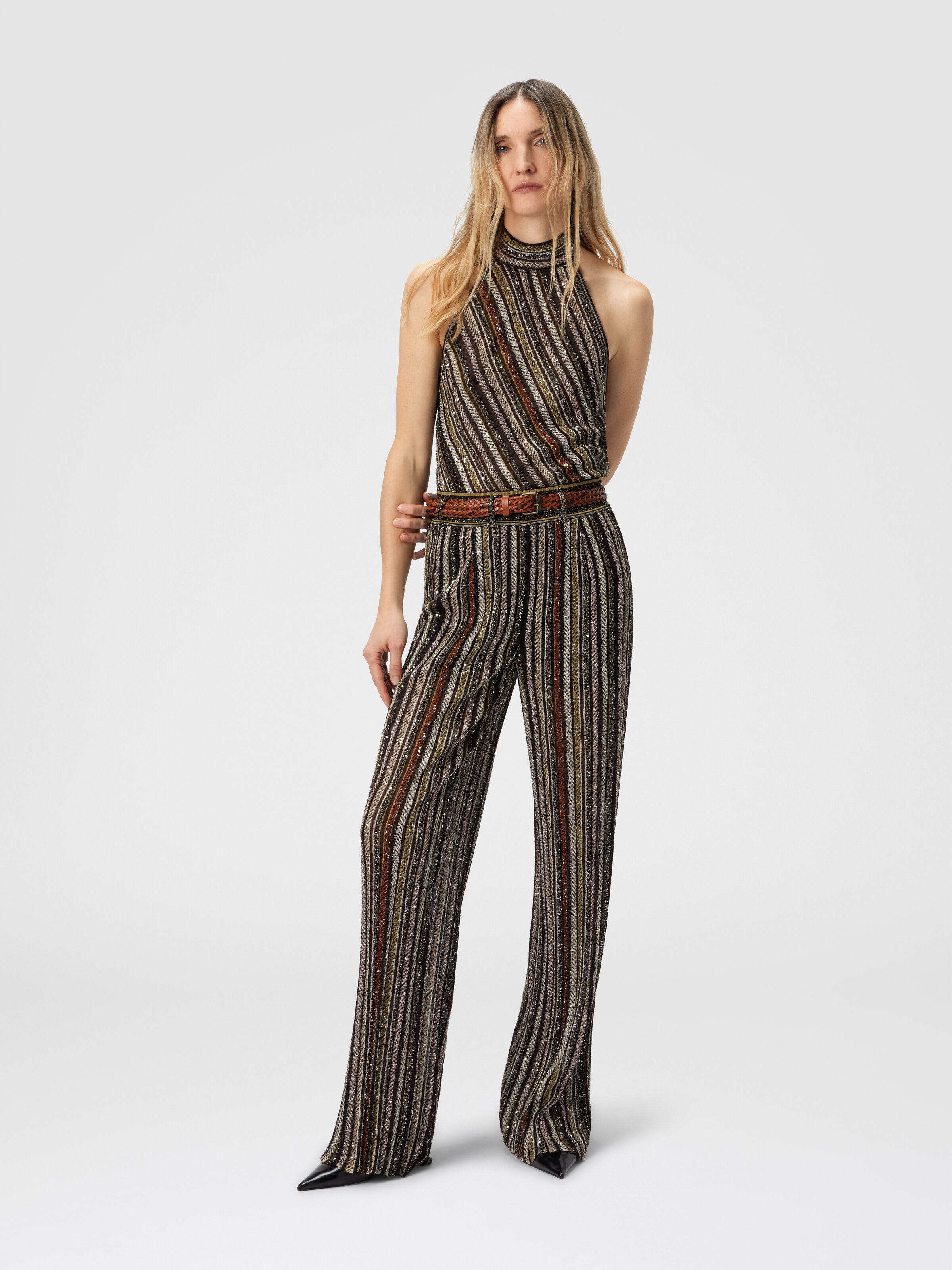 Long Pants in Herringbone Stripe Knit, Multicoloured  - 1