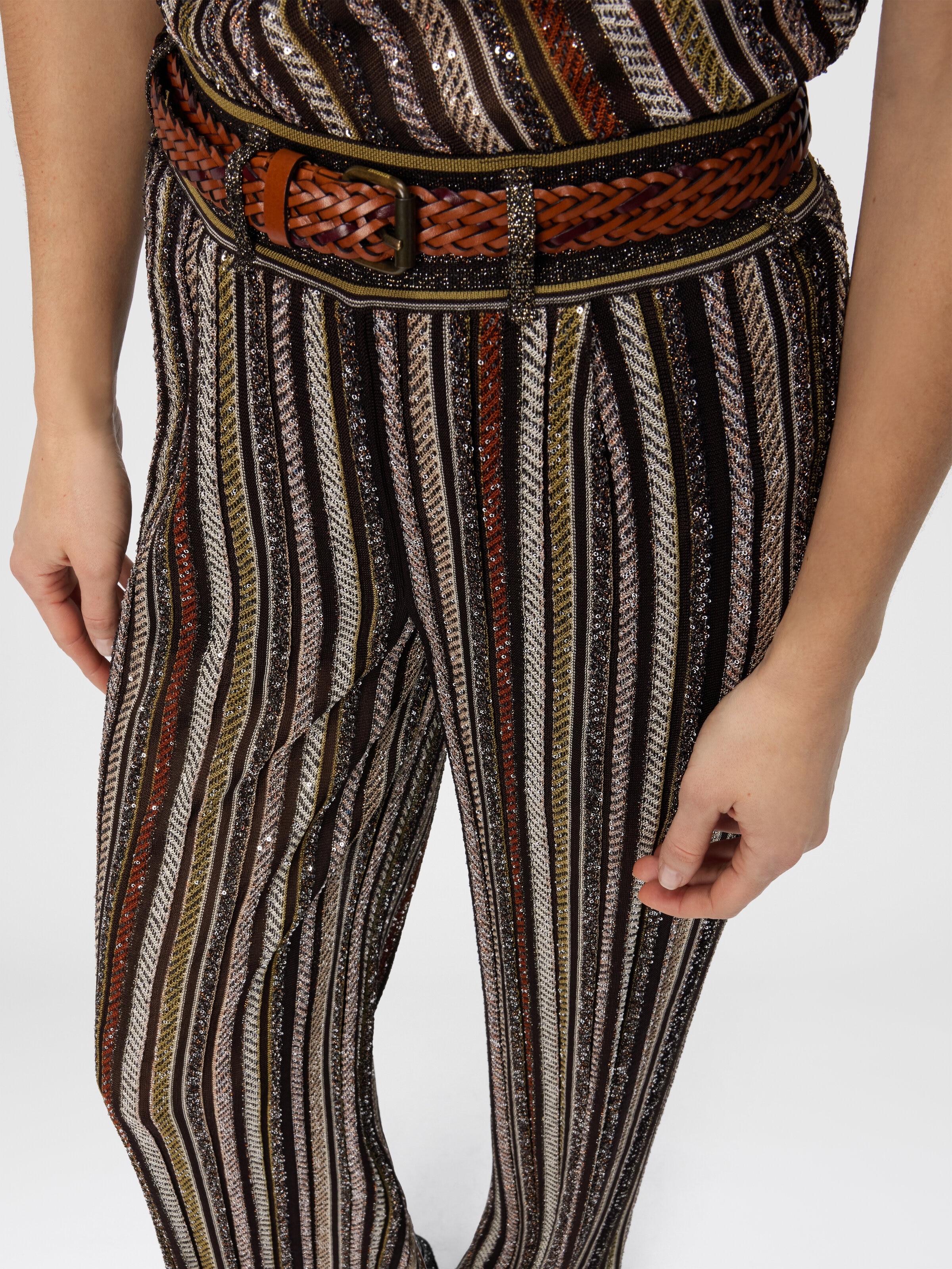 Long Pants in Herringbone Stripe Knit, Multicoloured  - 4