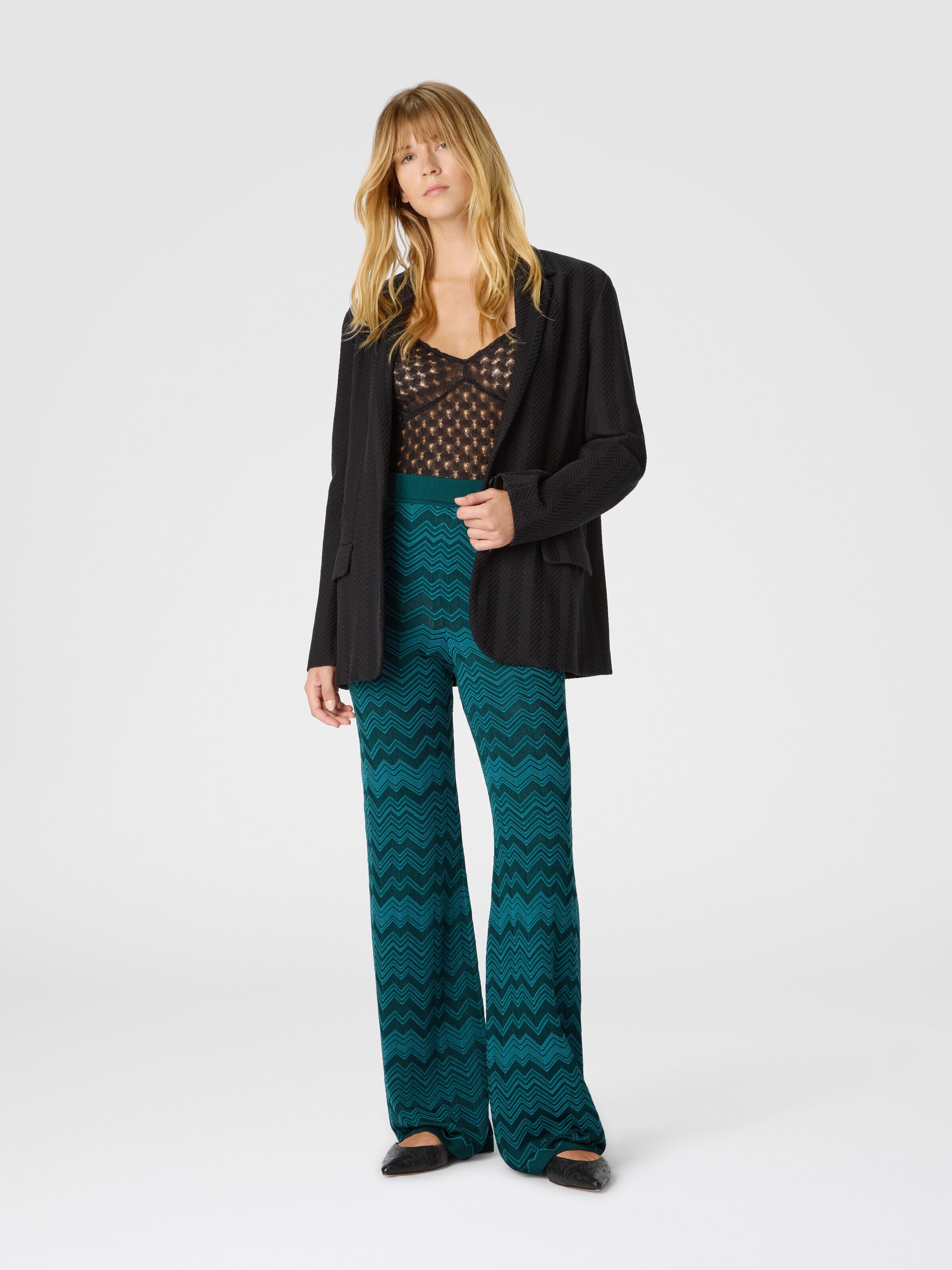 Straight Long Pants in Chevron Pattern, Green - 1