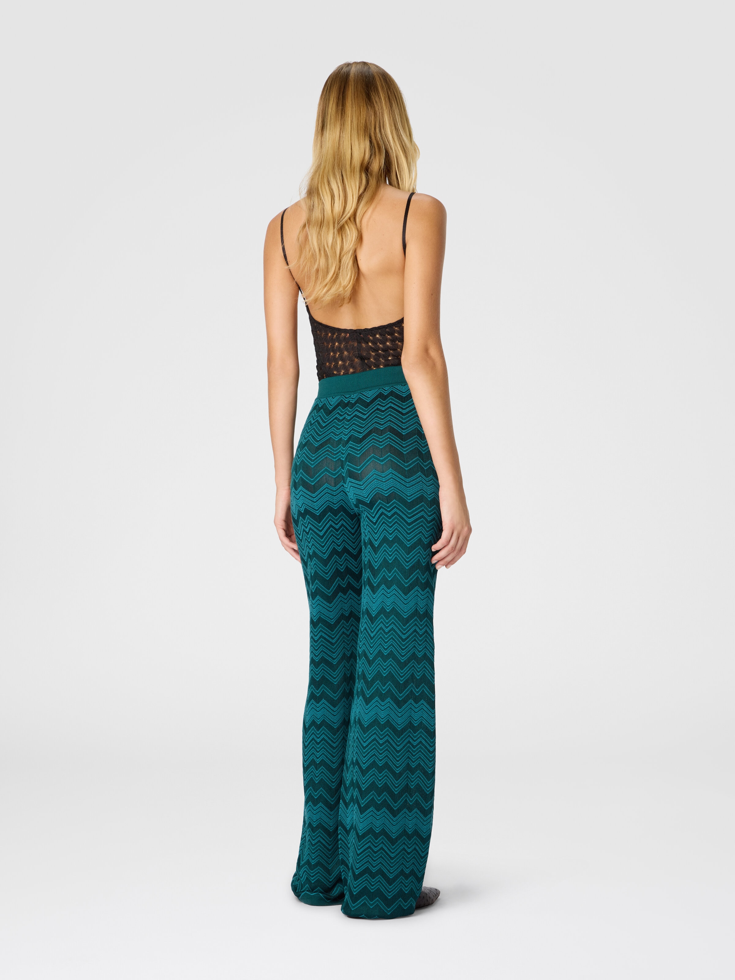 Straight Long Pants in Chevron Pattern, Green - 2