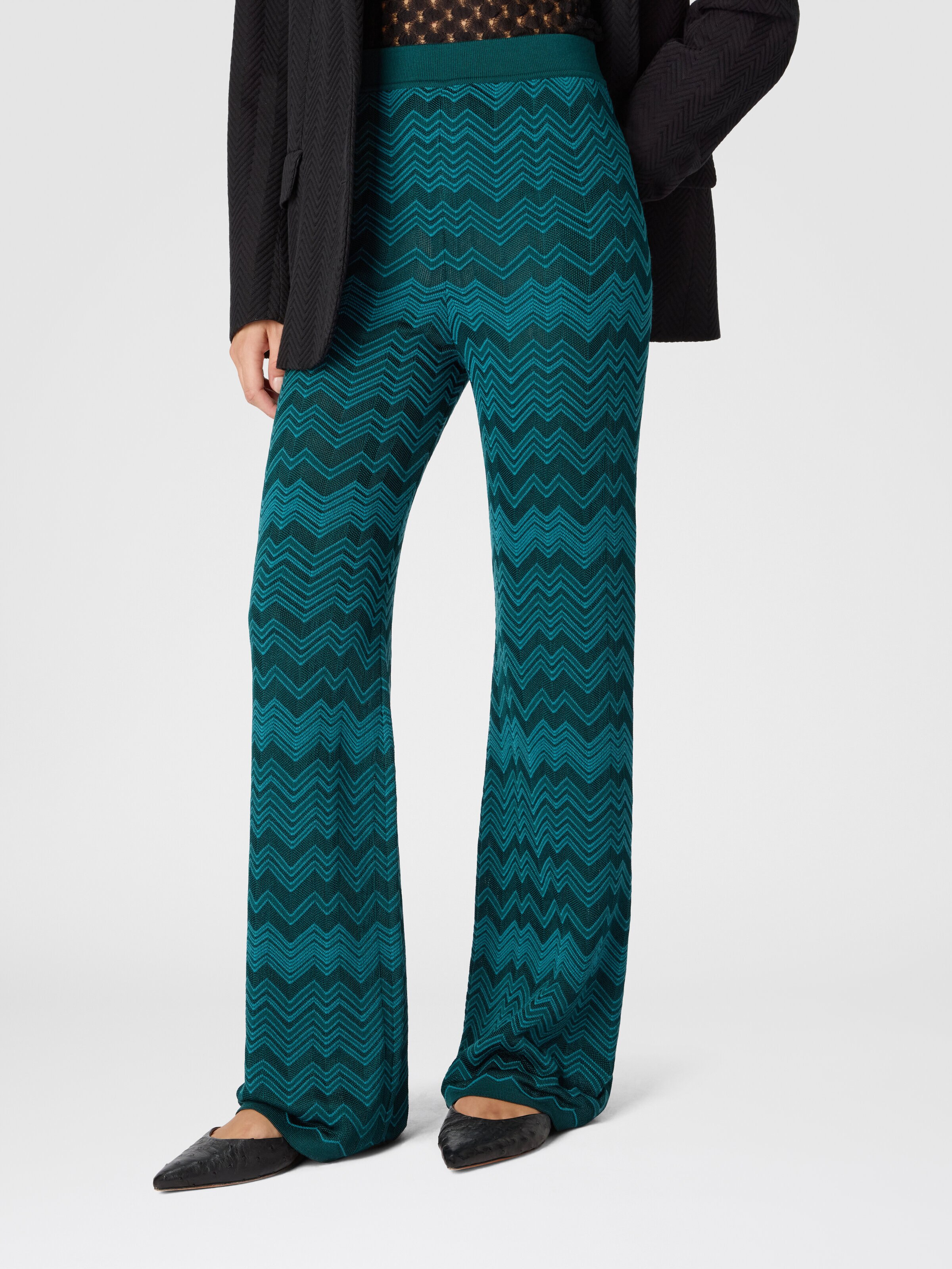 Straight Long Pants in Chevron Pattern, Green - 3