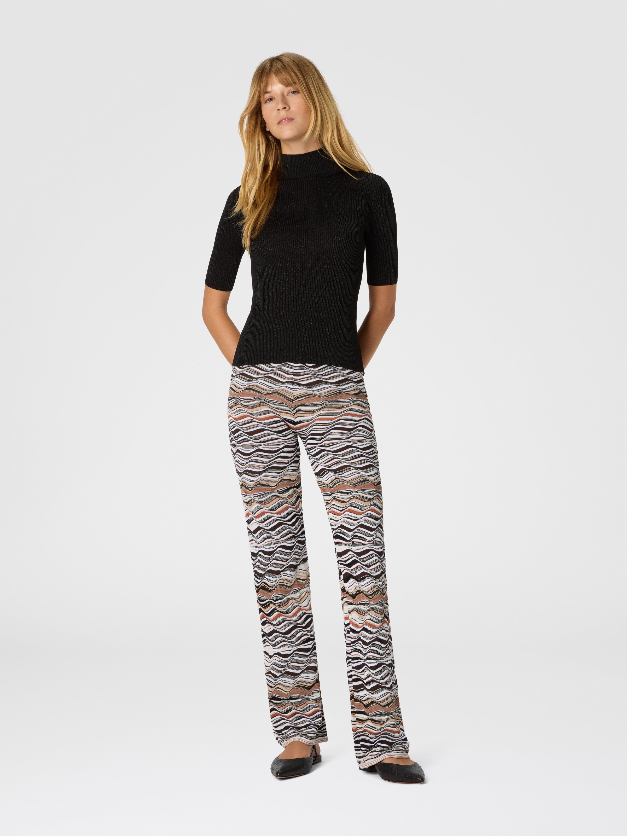 Pantalón largo recto con motivo de ondas, Beige - 1