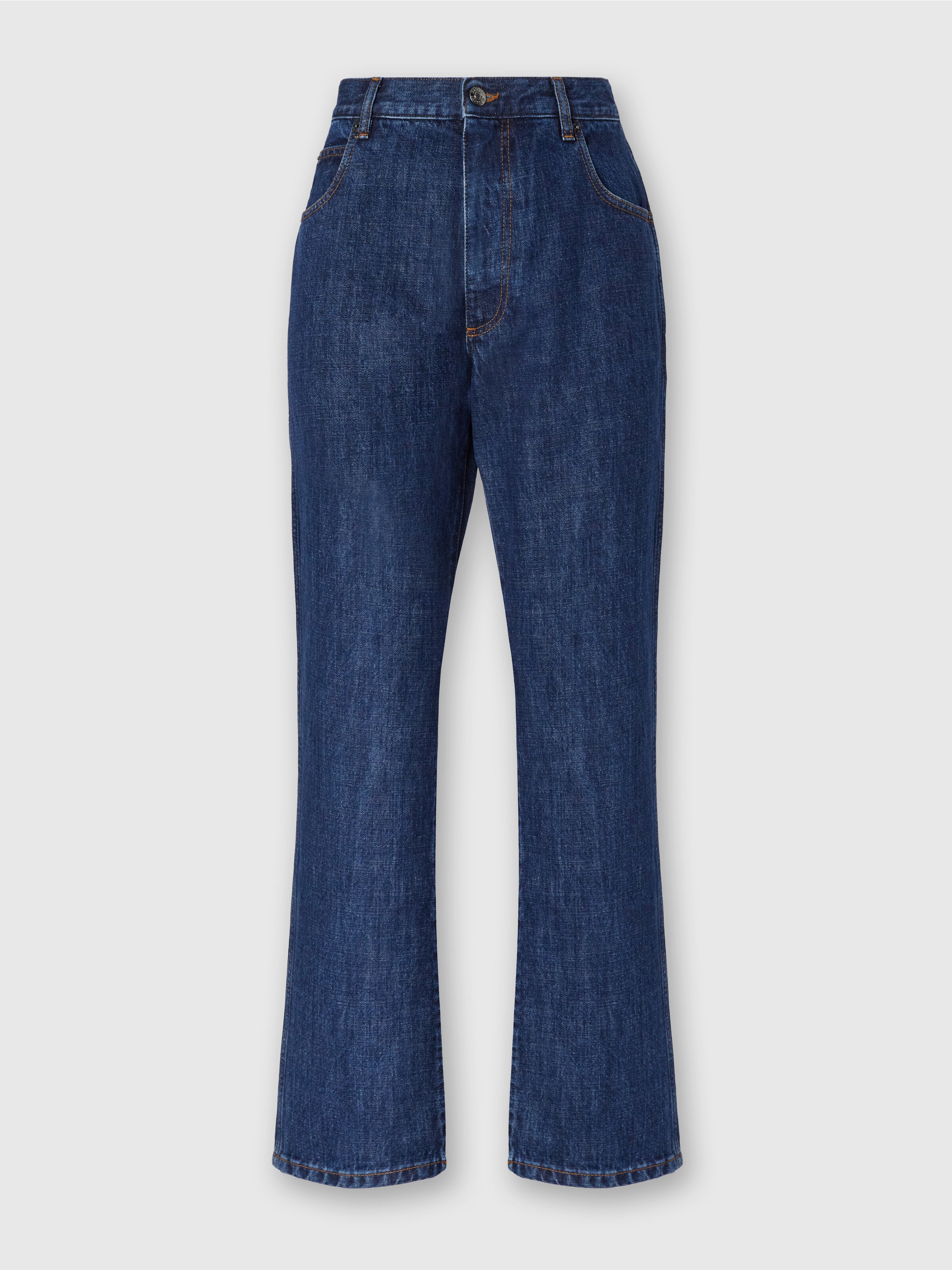 Five-Pocket Mid-Rise Denim Pants, Blue - 0
