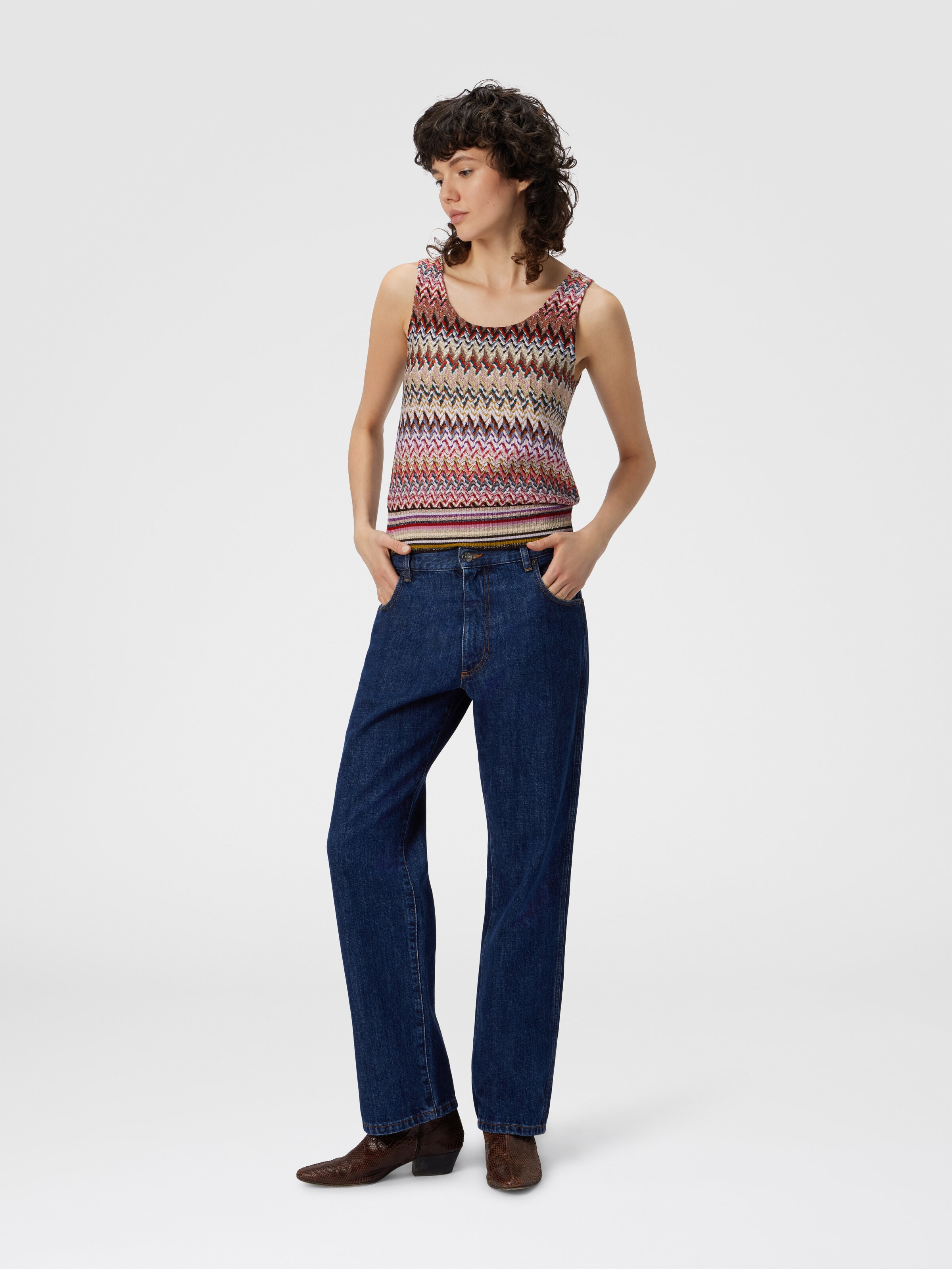 Five-Pocket Mid-Rise Denim Pants, Blue - 1