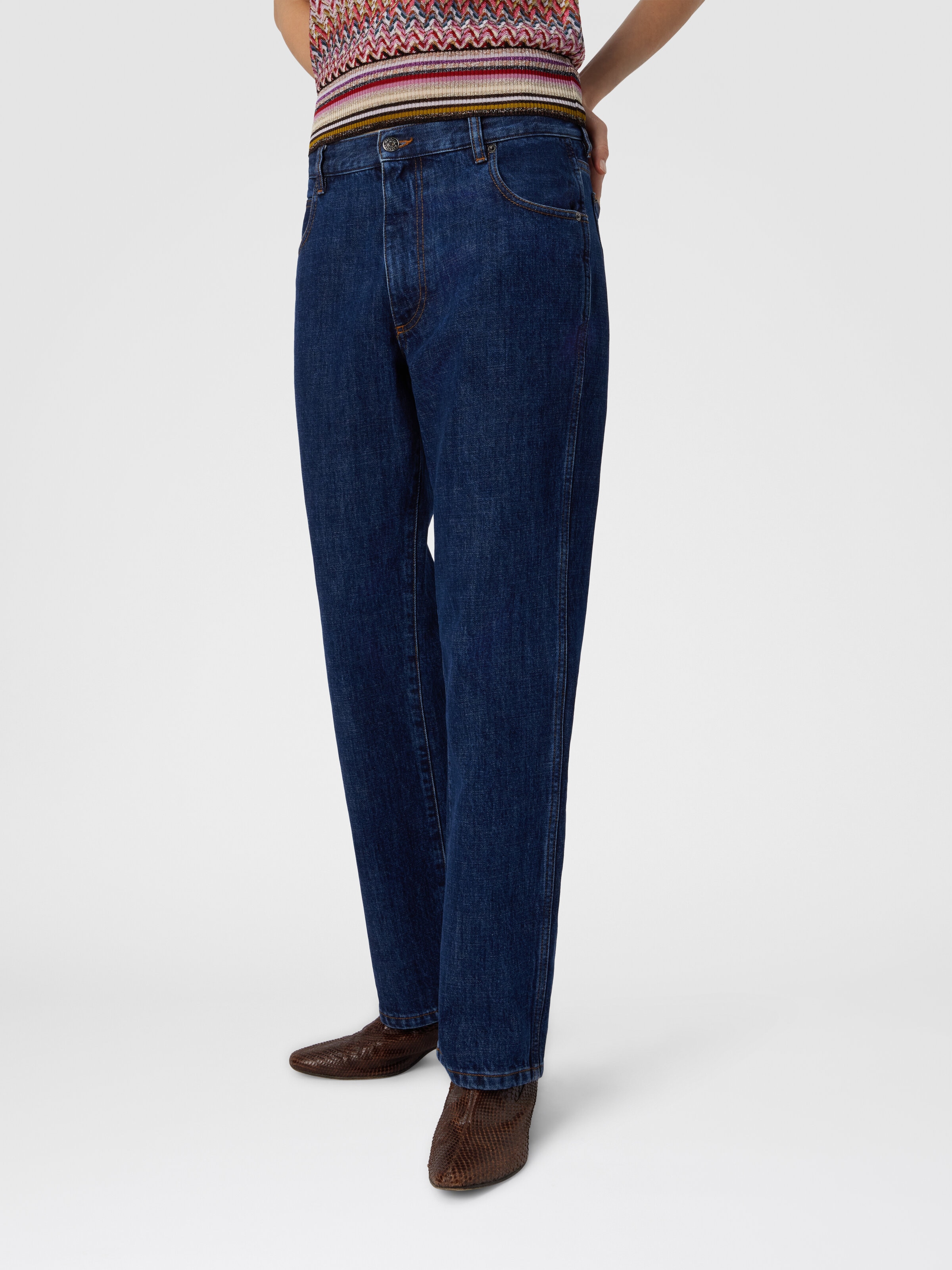 Five-Pocket Mid-Rise Denim Pants, Blue - 3