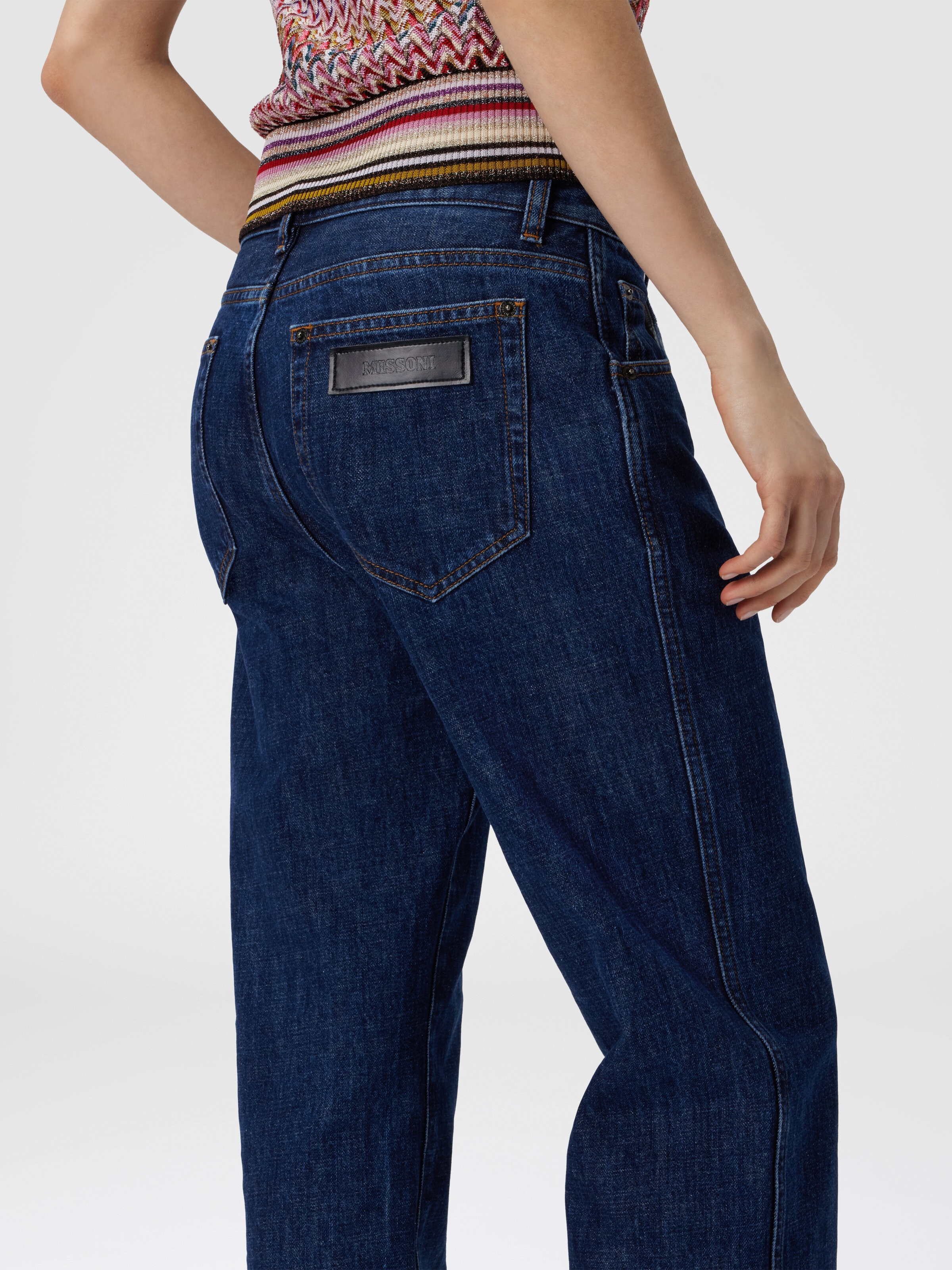 Five-Pocket Mid-Rise Denim Pants, Blue - 4