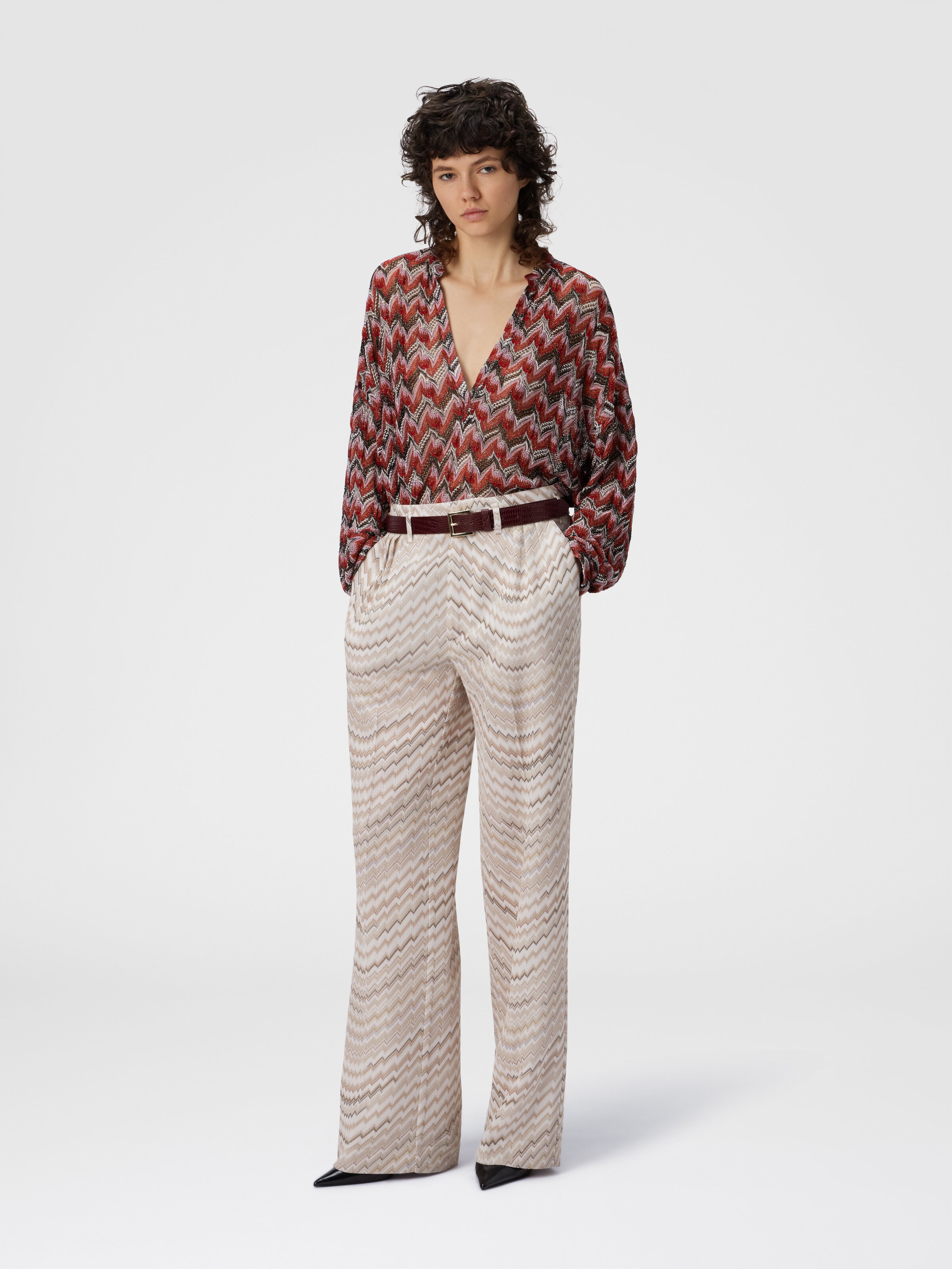 Maßgeschneiderte Hose mit mittlerer Taille und Zickzackmuster, Weiß  - 1