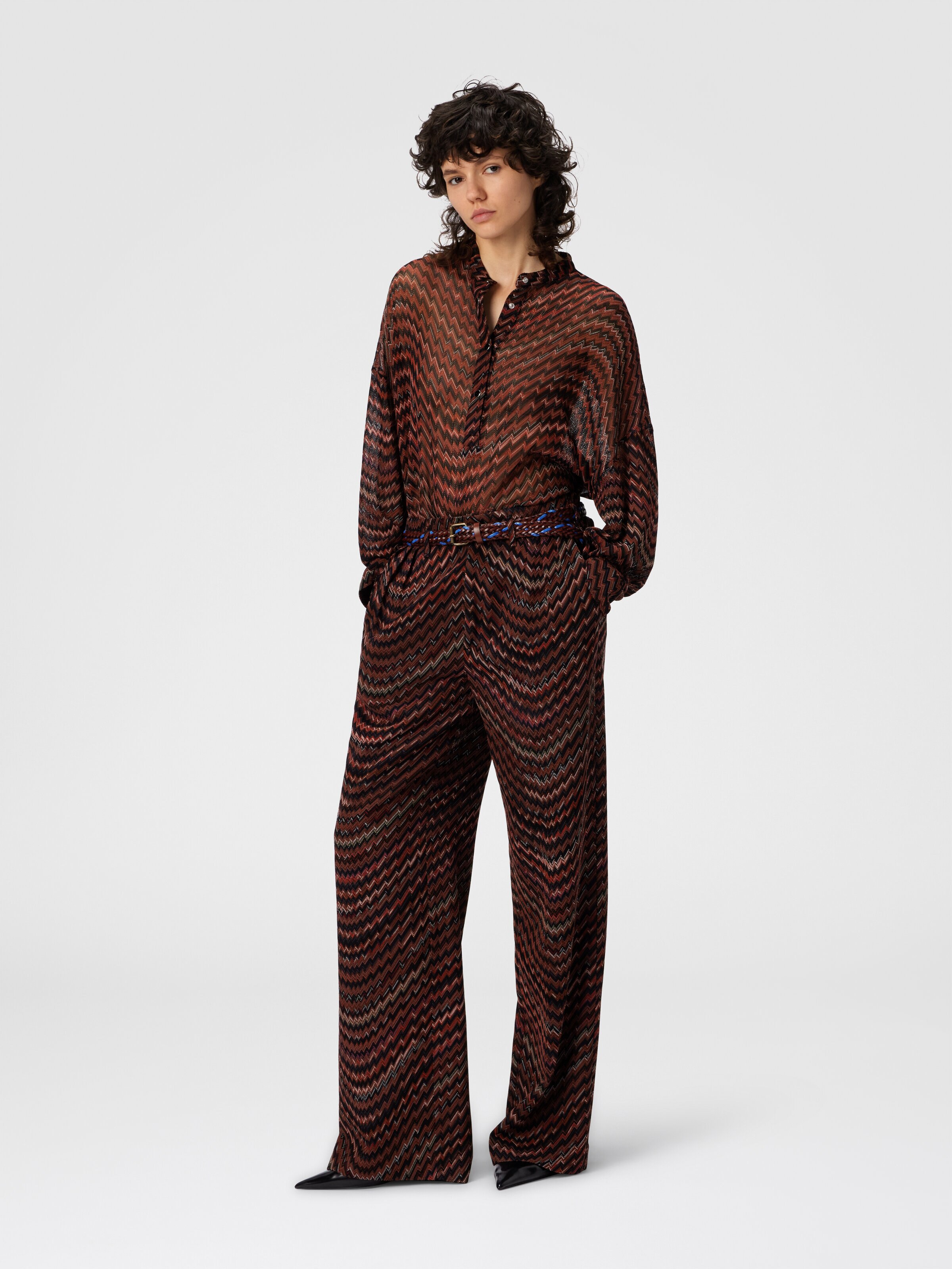 Mid-Rise Tailored Pants with Zigzag Pattern, Black & Brown - 1