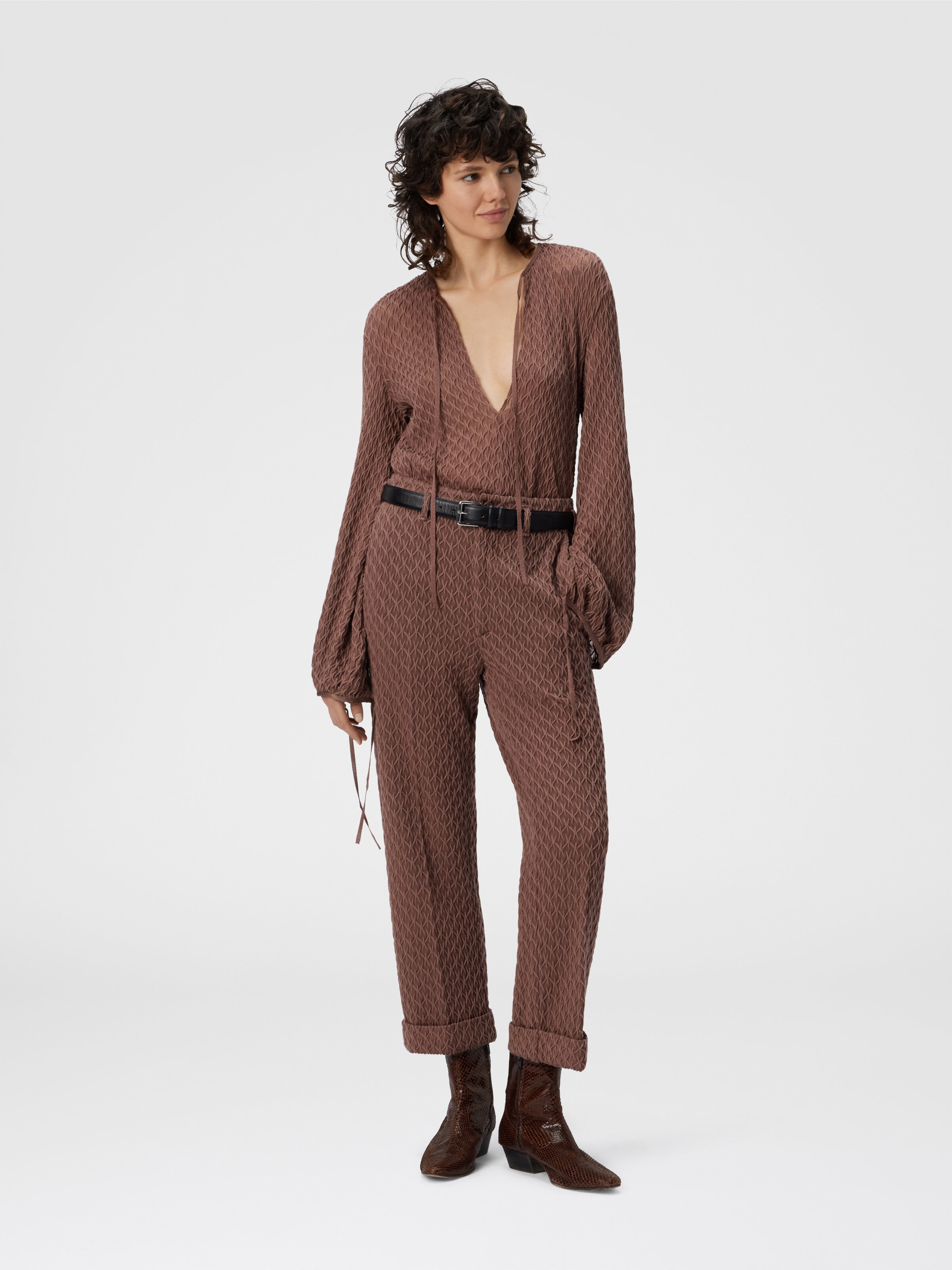 Pantalon fuselé en dentelle travaillée, Beige - 1