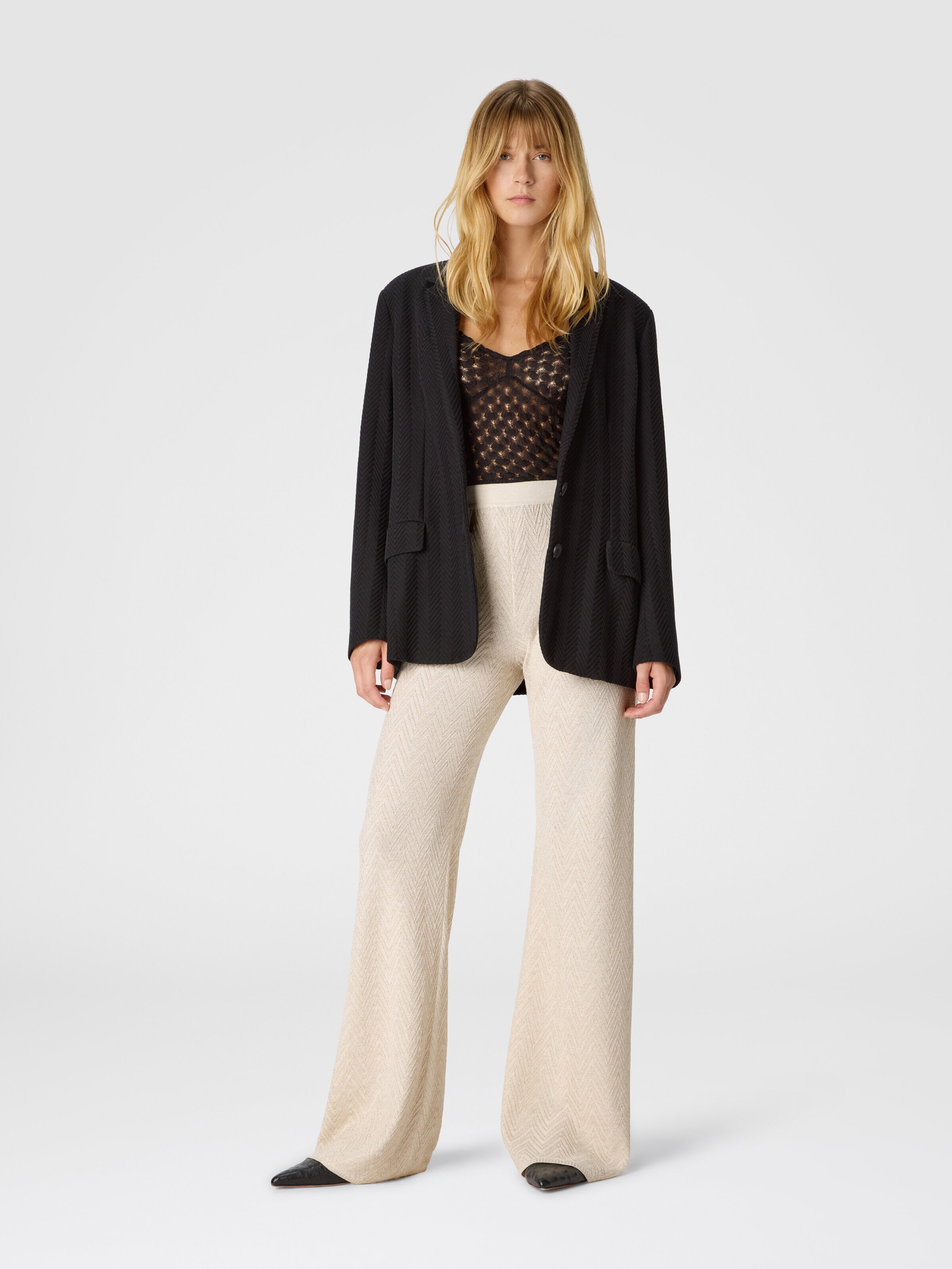 Chevron lamé knit trousers, Beige - 1