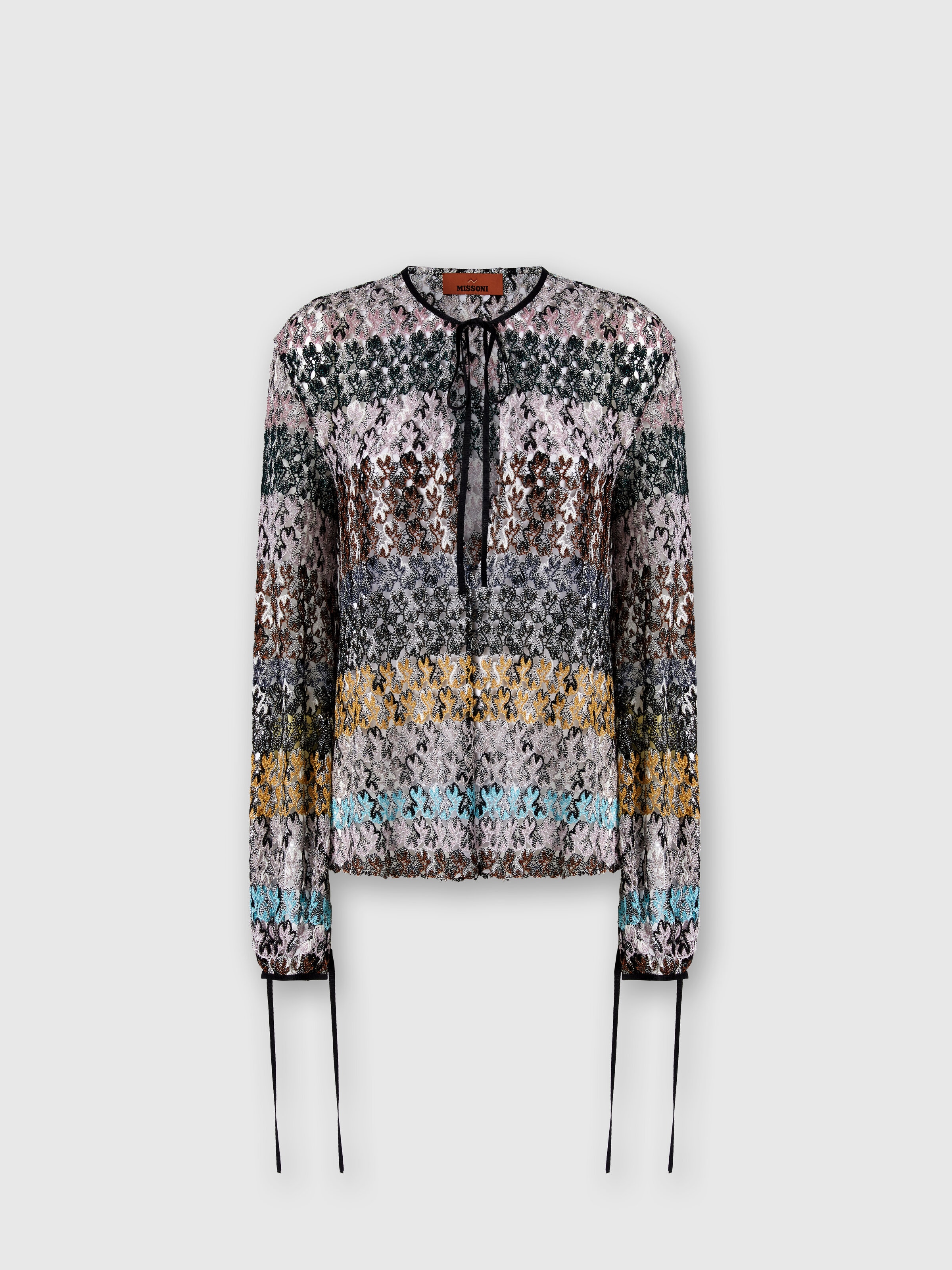 Crew Neck Blouse in Embroidered Lace, Multicoloured  - 0