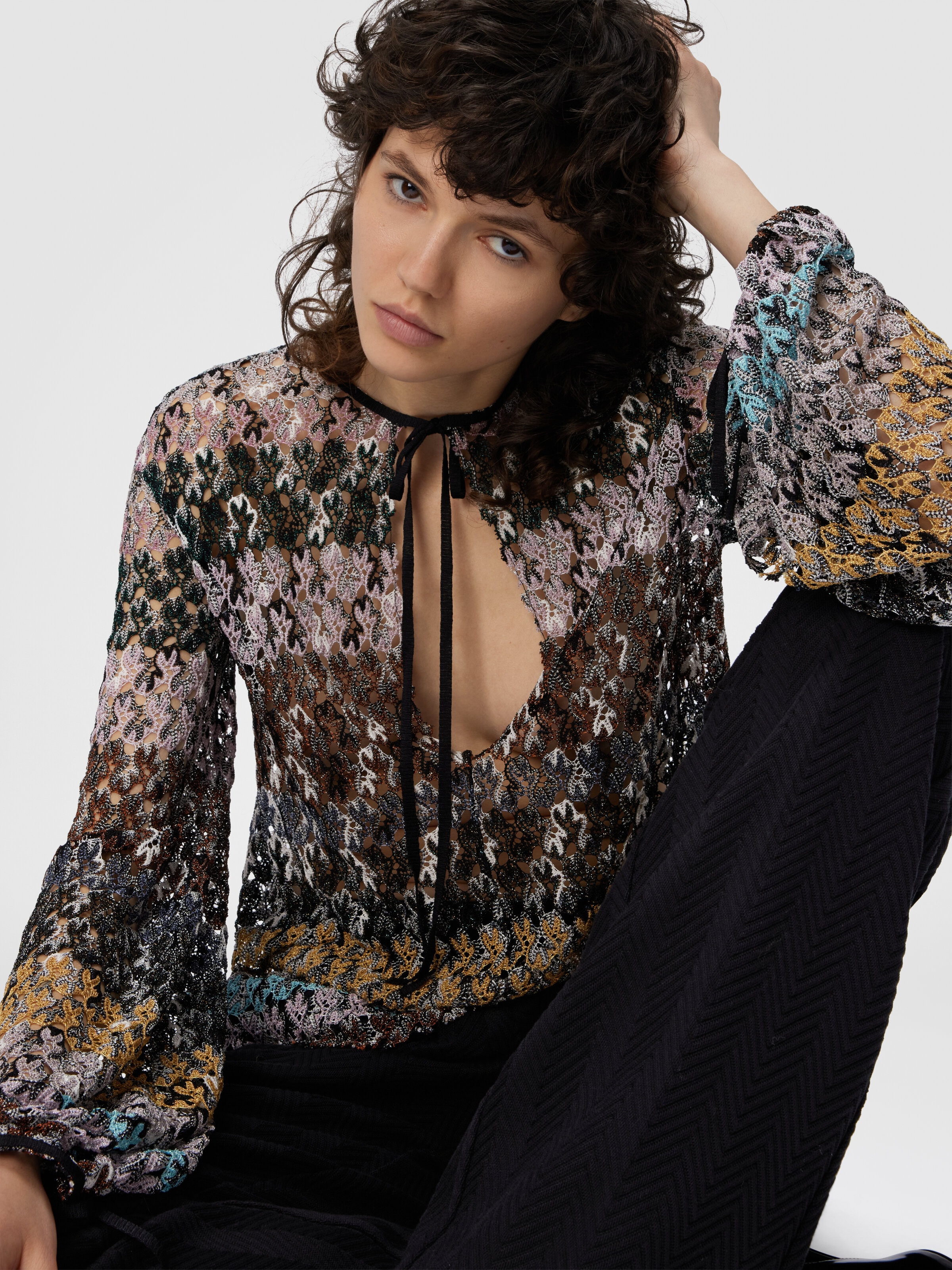 Crew Neck Blouse in Embroidered Lace, Multicoloured  - 3