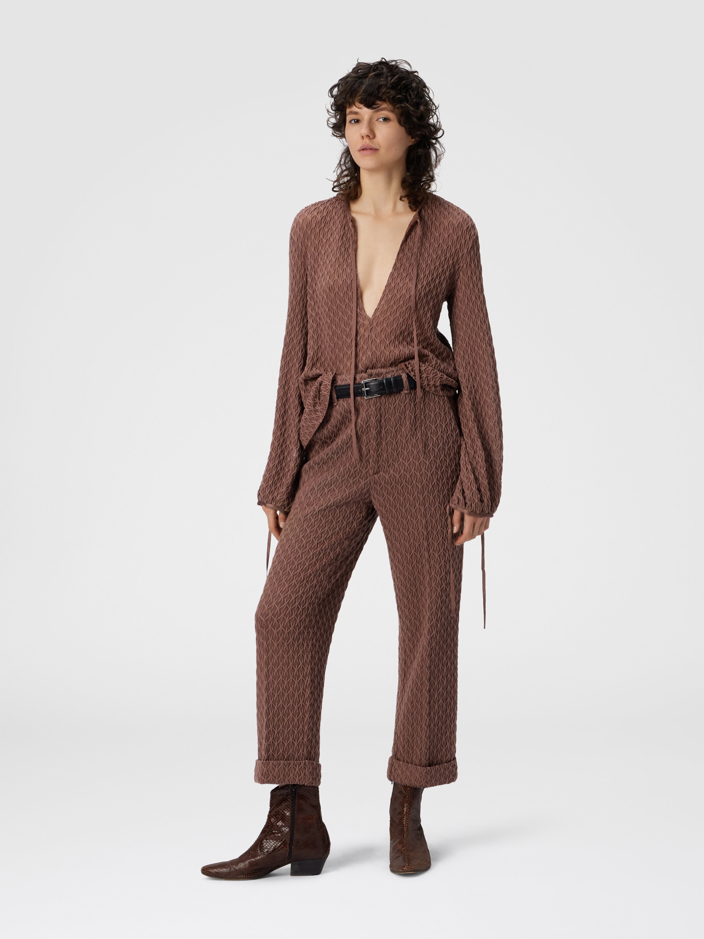 Crew Neck Blouse in Wool Blend, Beige - 1