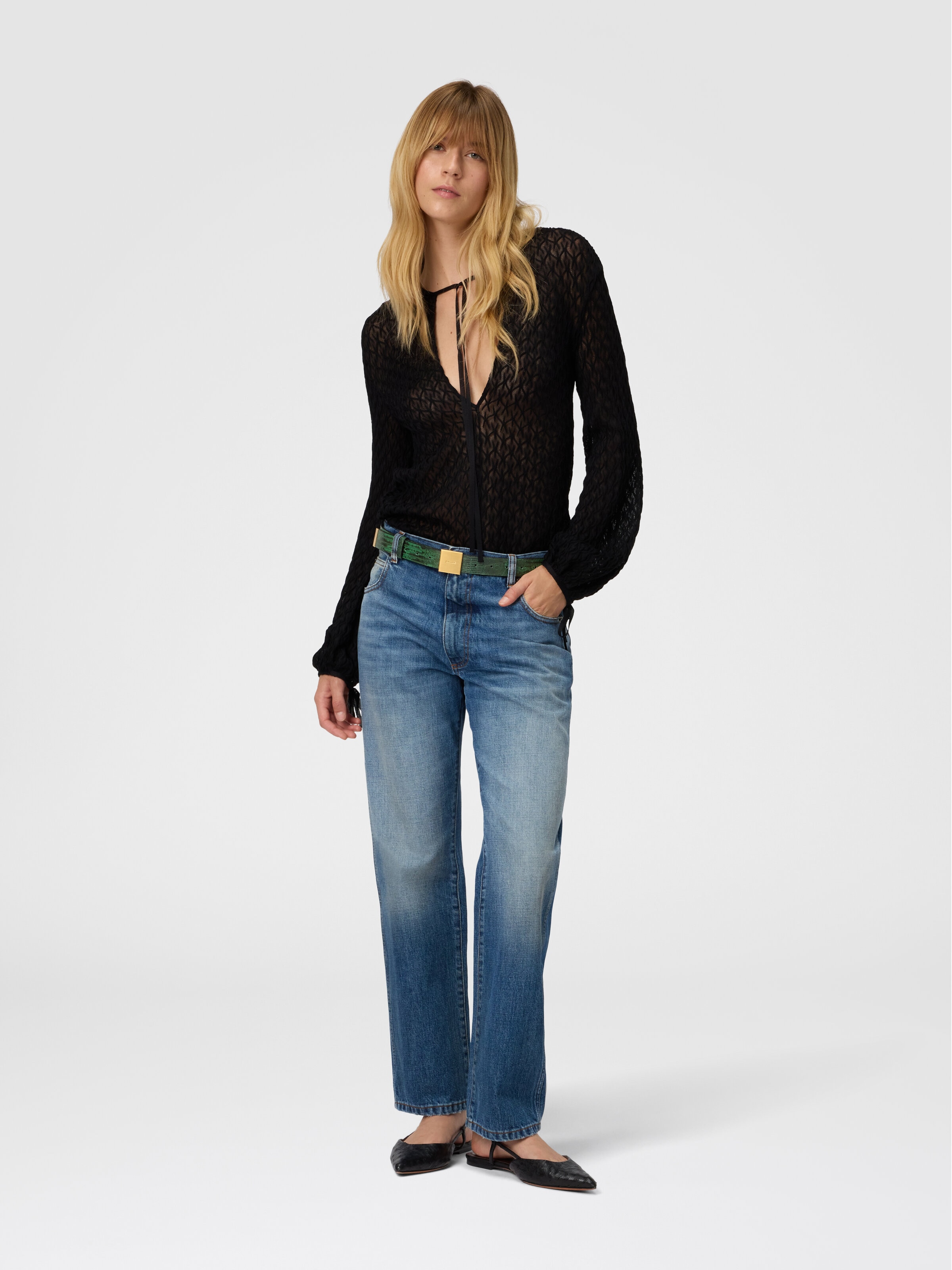 Blusa girocollo in misto lana, Nero - 1
