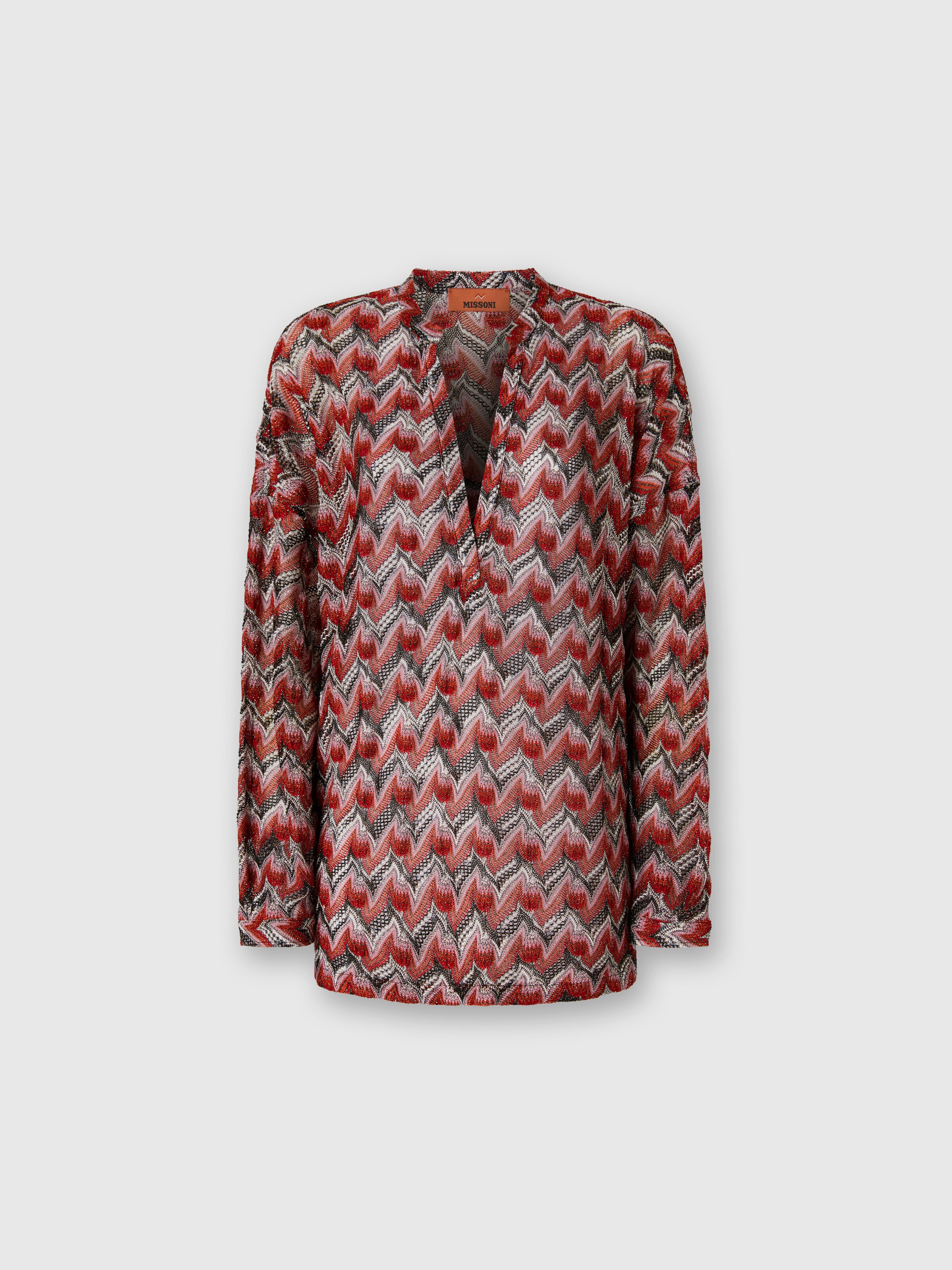 Oversized Blouse with Mandarin Collar and V-Neck, Black & Red - 0