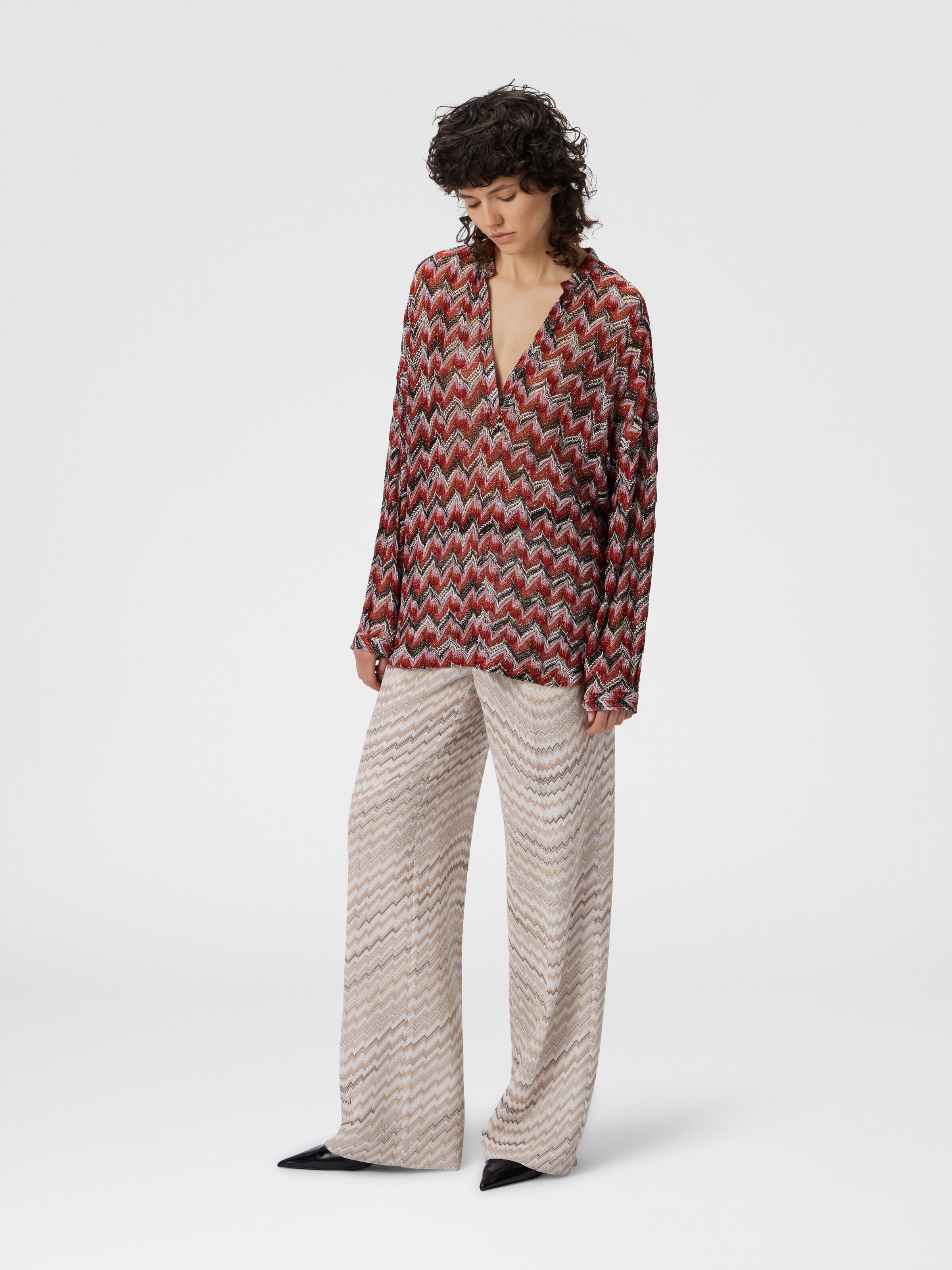 Oversized Blouse with Mandarin Collar and V-Neck, Black & Red - 1