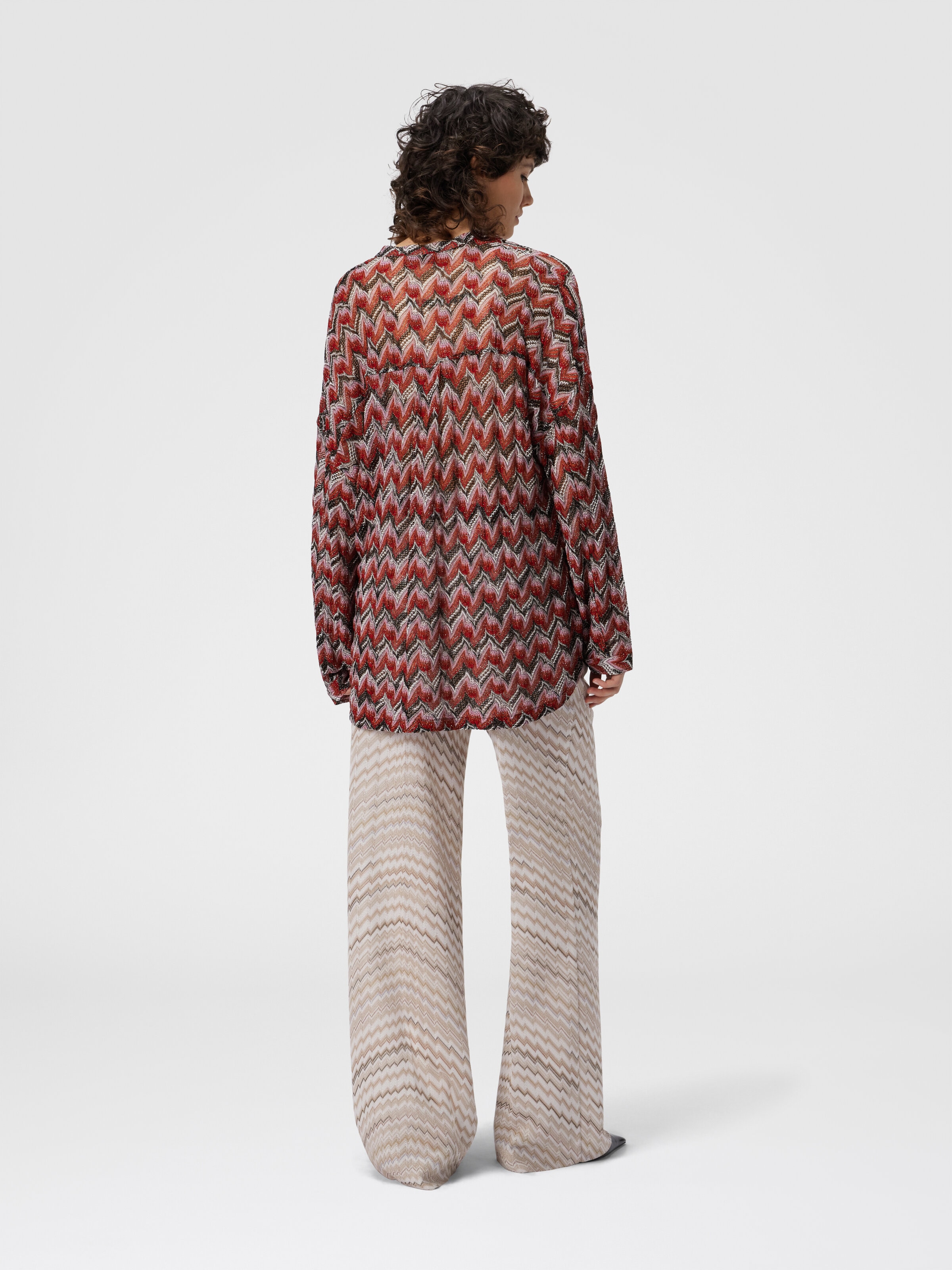 Oversized Blouse with Mandarin Collar and V-Neck, Black & Red - 2