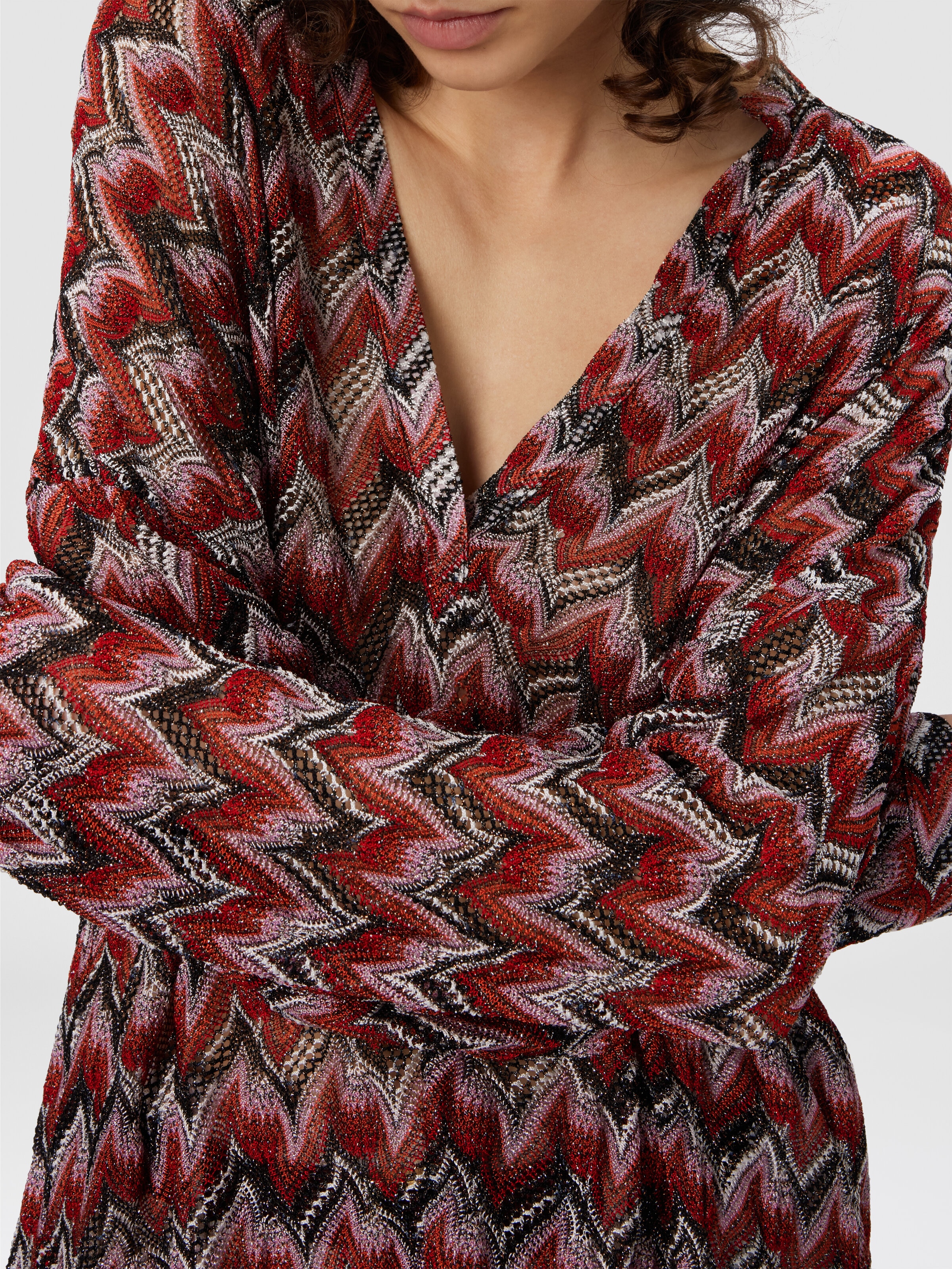 Oversized Blouse with Mandarin Collar and V-Neck, Black & Red - 4