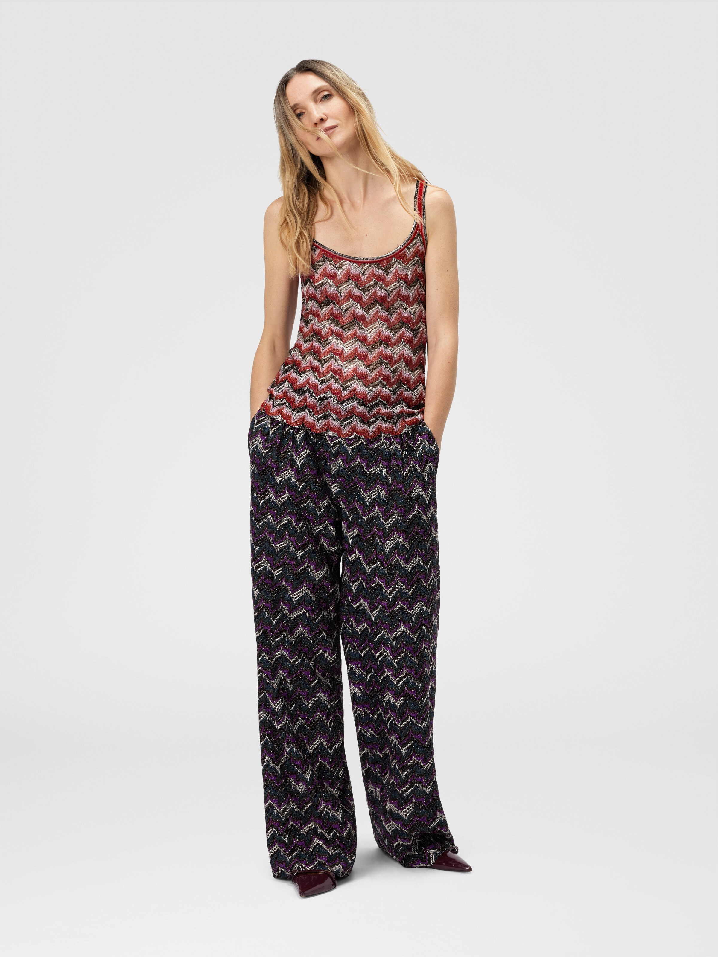 Viscose Tank Top with Round Neckline, Black & Red - 1