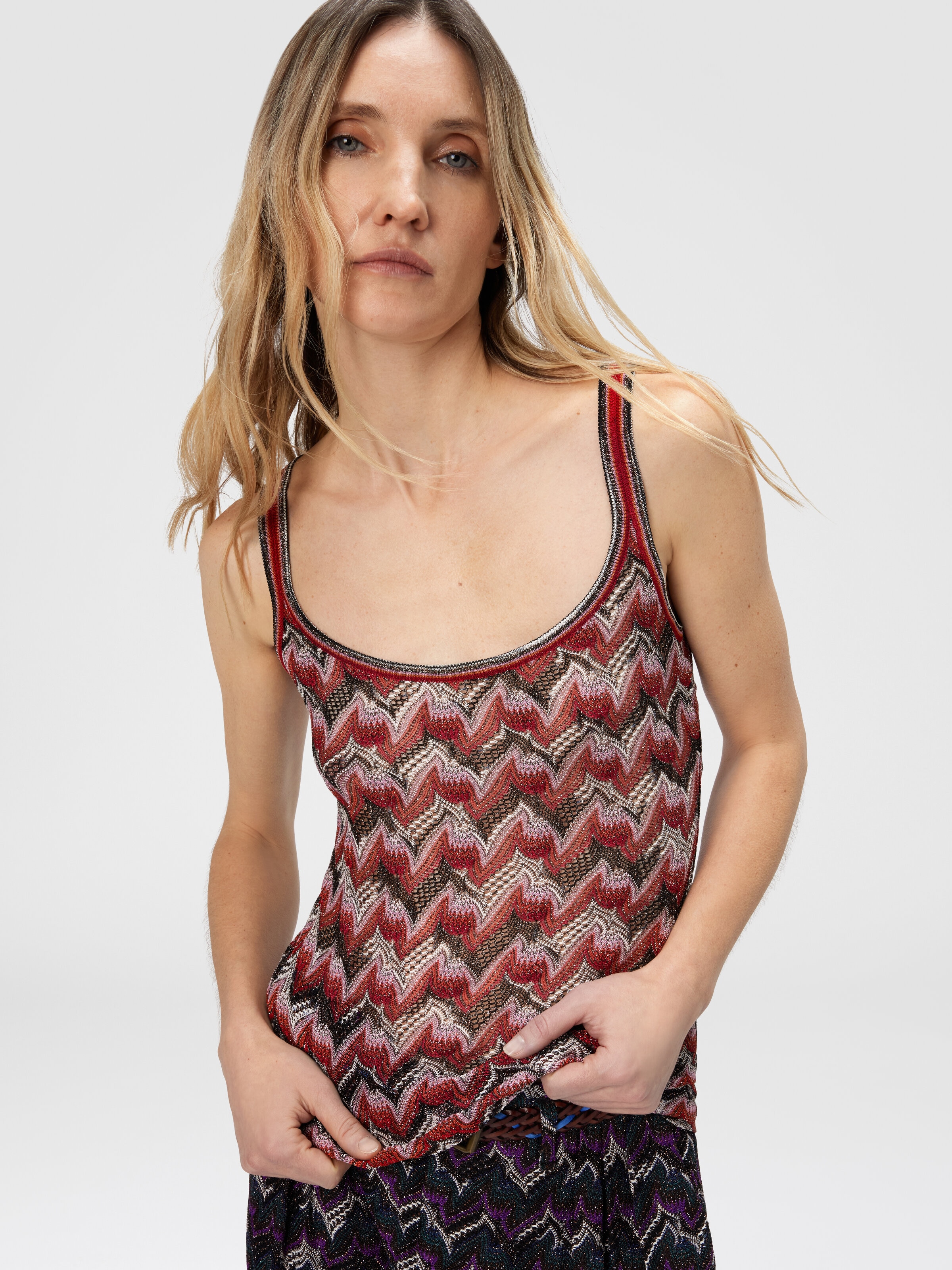 Viscose Tank Top with Round Neckline, Black & Red - 3