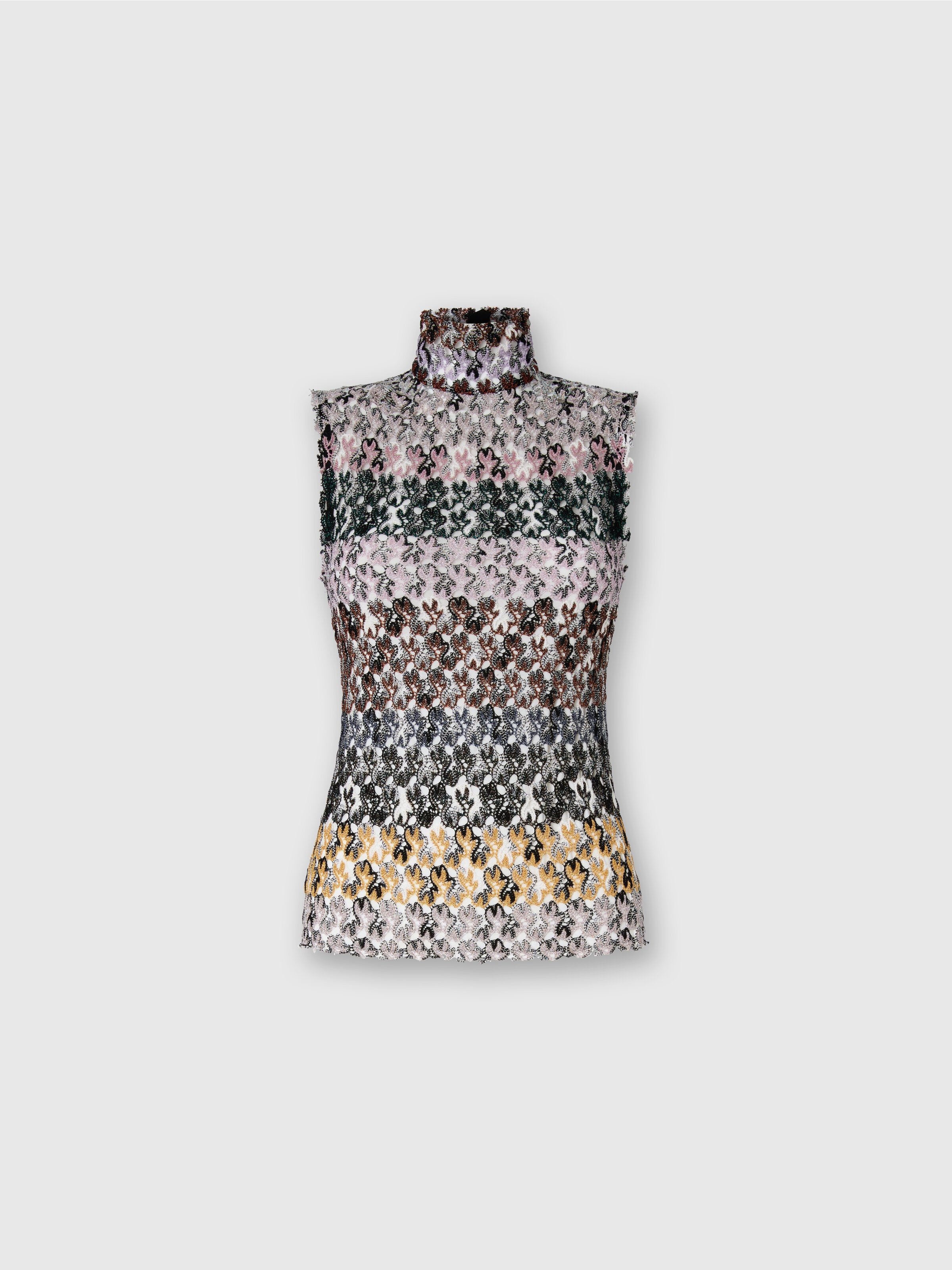 High-Neck Top in Striped Embroidered Lace, Multicoloured  - 0